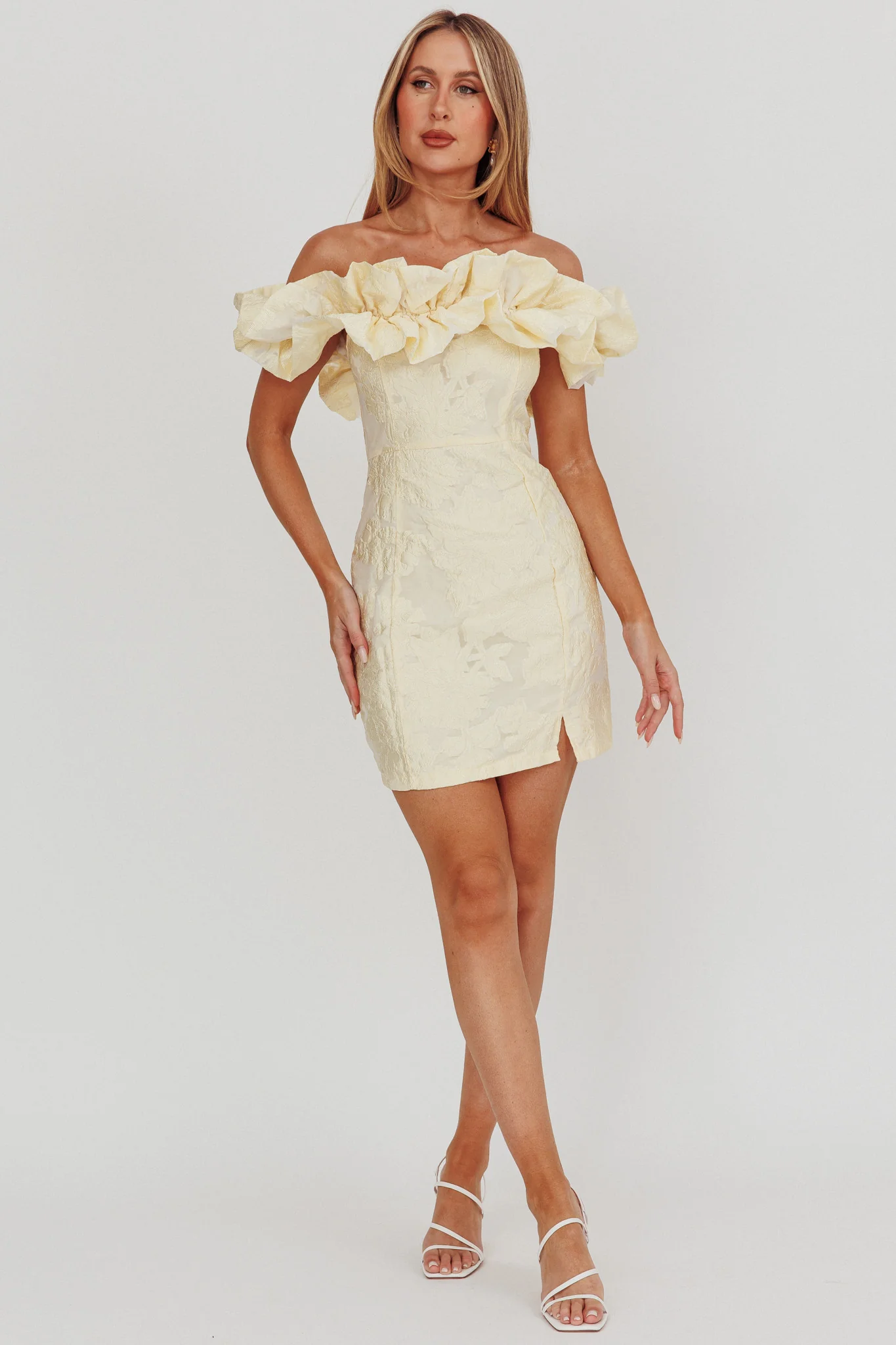 Memoire Off-Shoulder Jacquard Mini Dress Lemon - Image 3