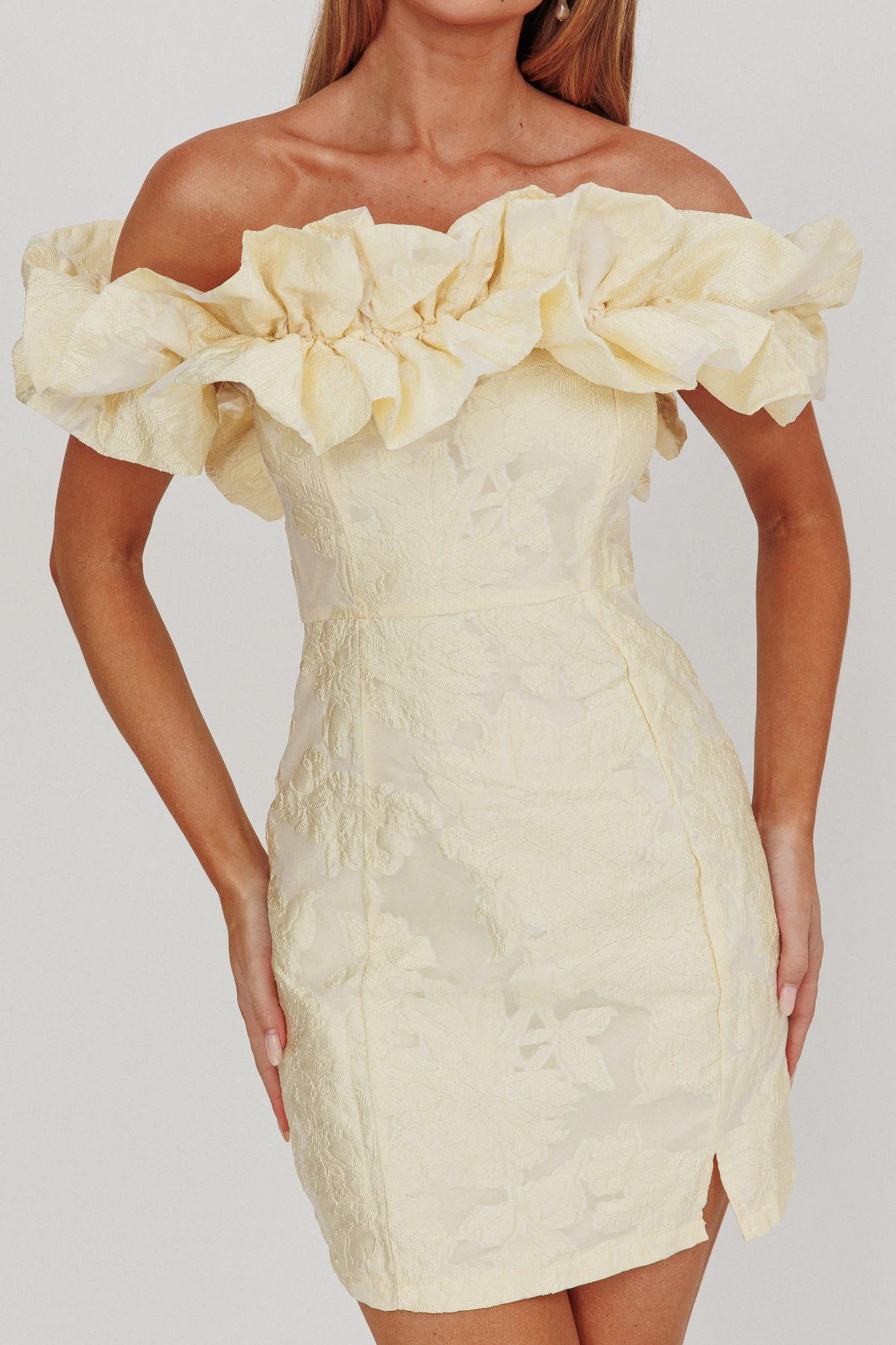 Memoire Off-Shoulder Jacquard Mini Dress Lemon - Image 4