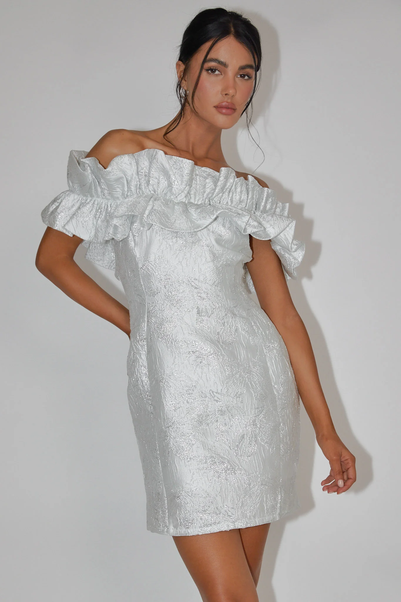 Memoire Off-Shoulder Jacquard Mini Dress Off White - Image 4