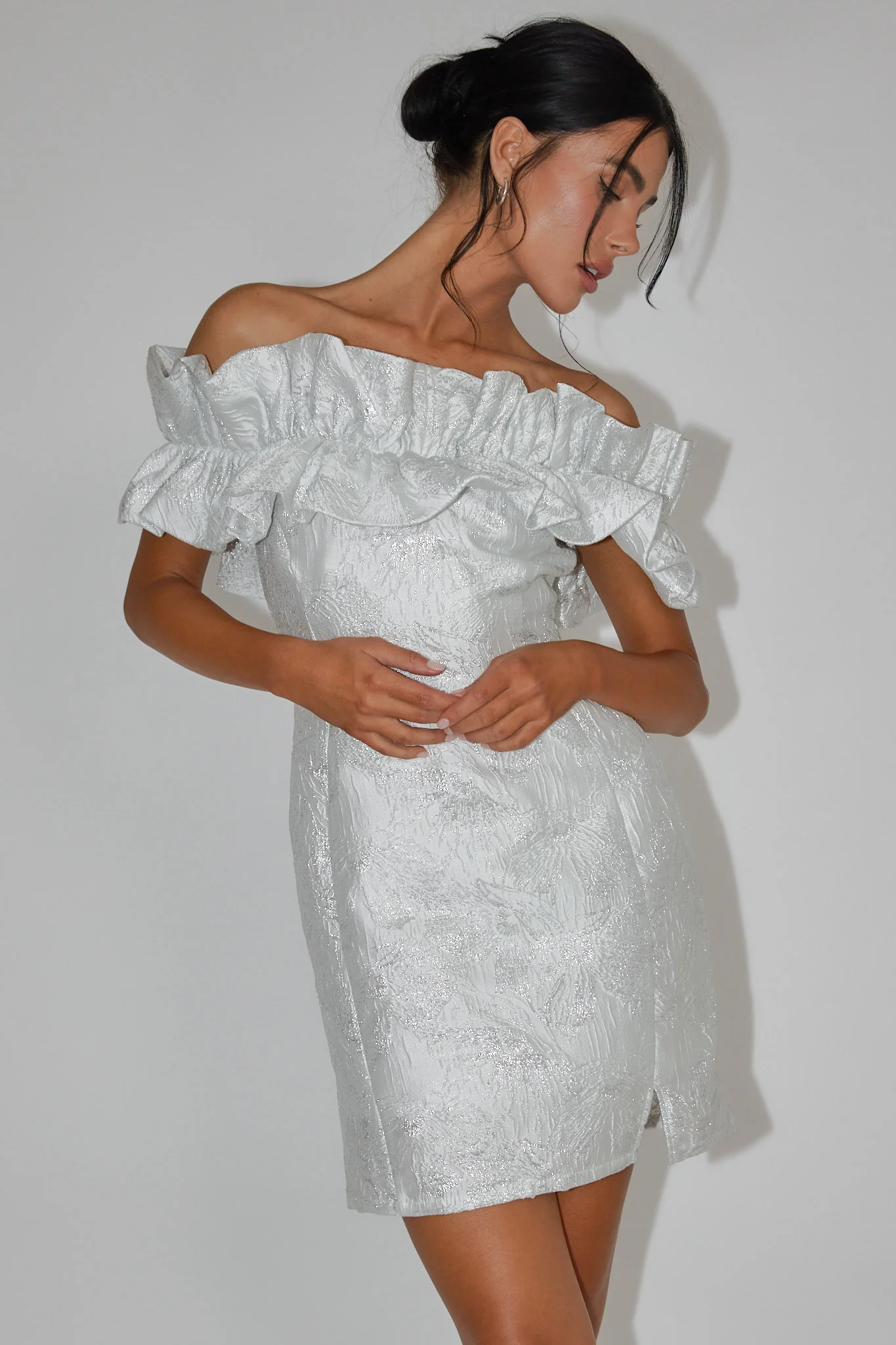 Memoire Off-Shoulder Jacquard Mini Dress Off White - Image 5