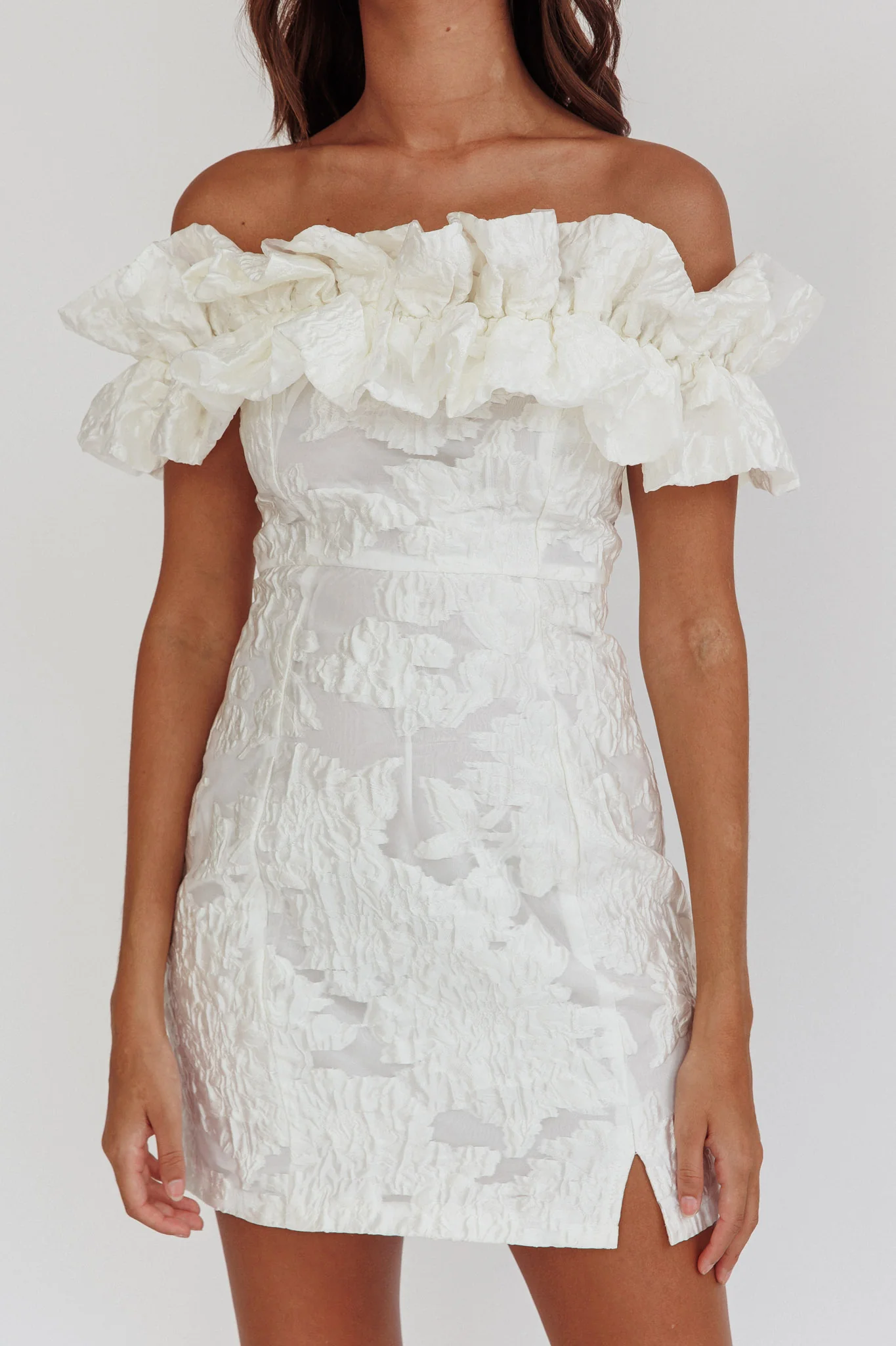 Memoire Off-Shoulder Textured Mini Dress White - Image 5