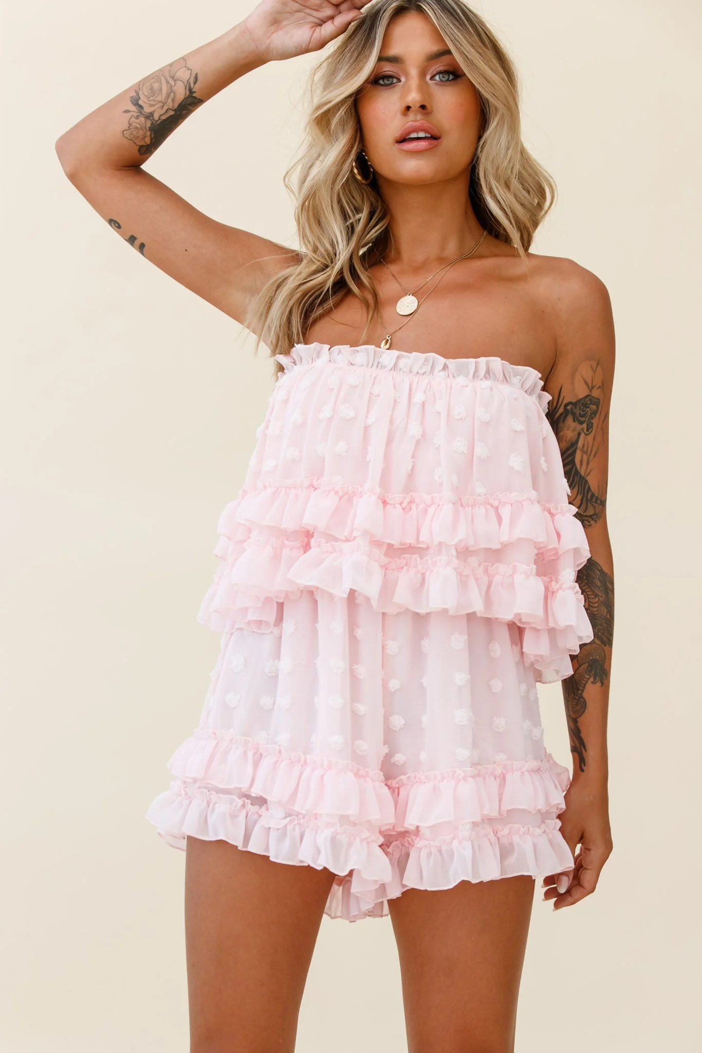 Memories Tiered Bust Frill Trim Romper Pink - Image 5