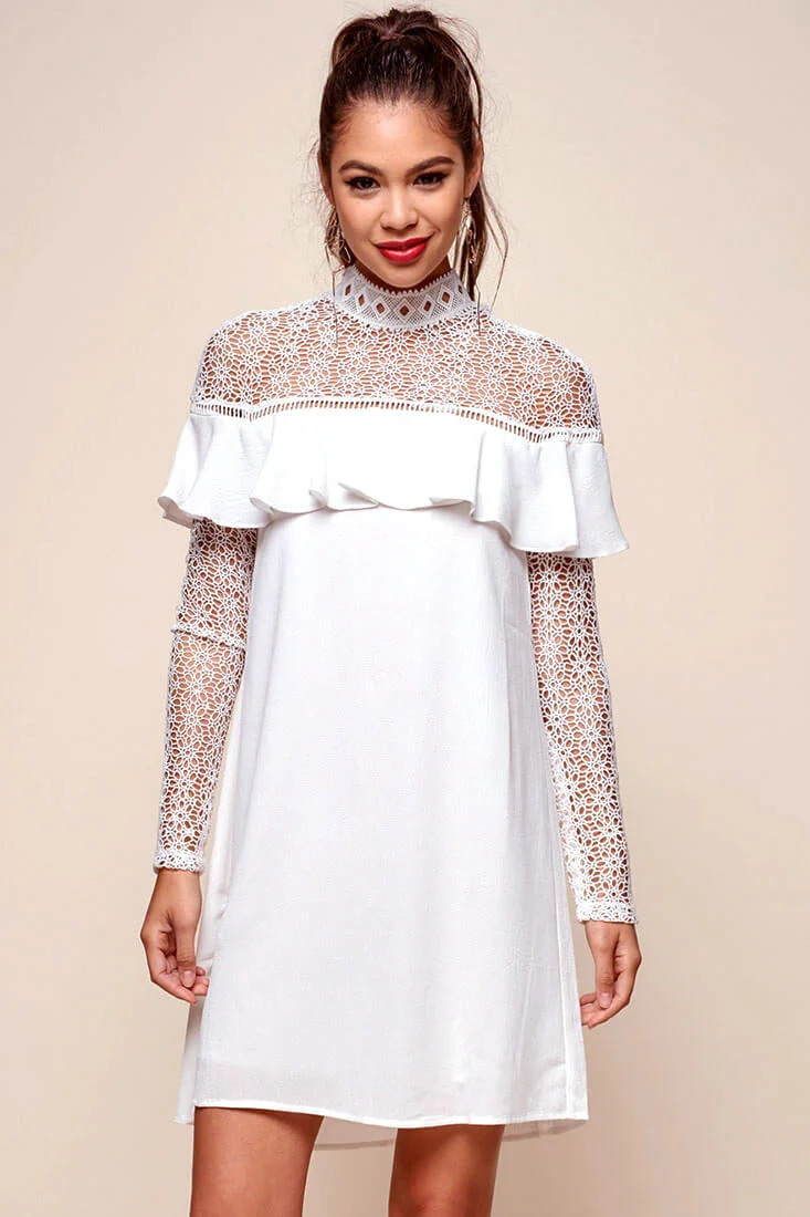 Mendes Lace Detailed High Neck Long Sleeved Dress White - Image 2