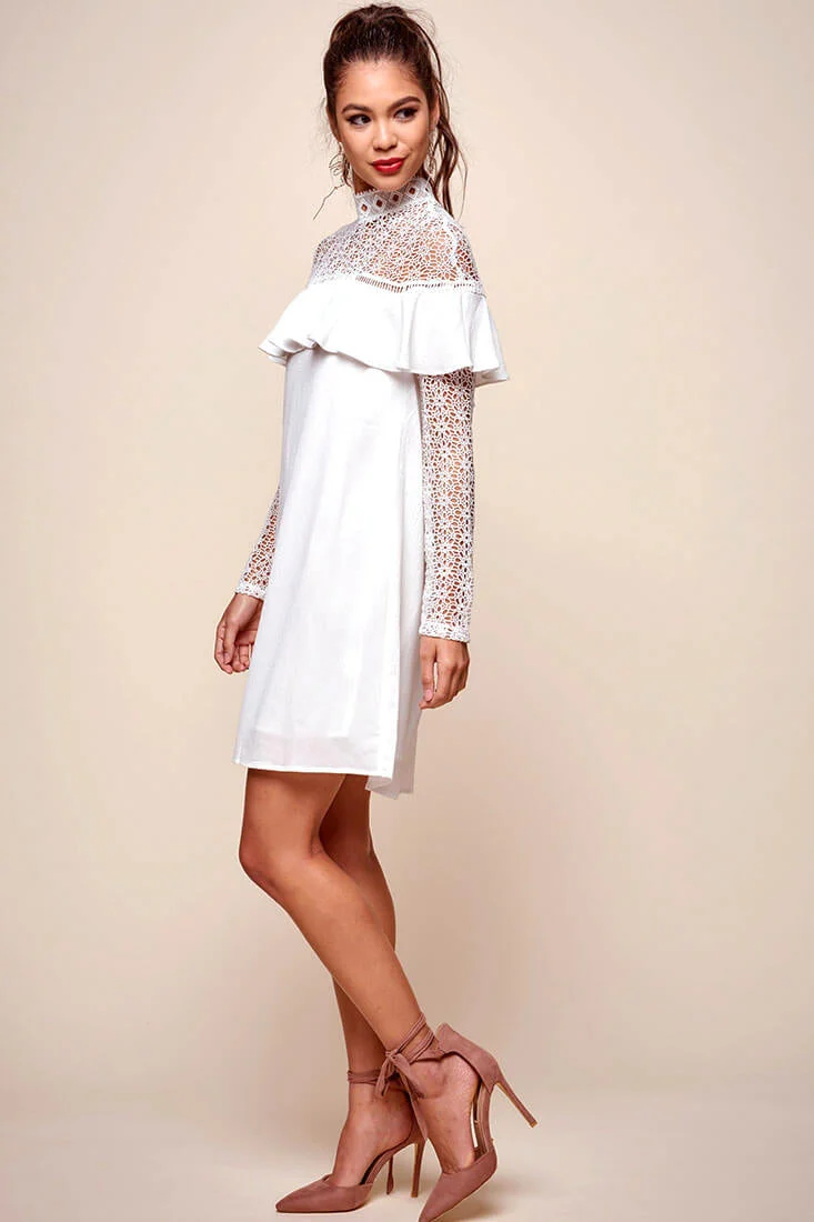 Mendes Lace Detailed High Neck Long Sleeved Dress White - Image 4