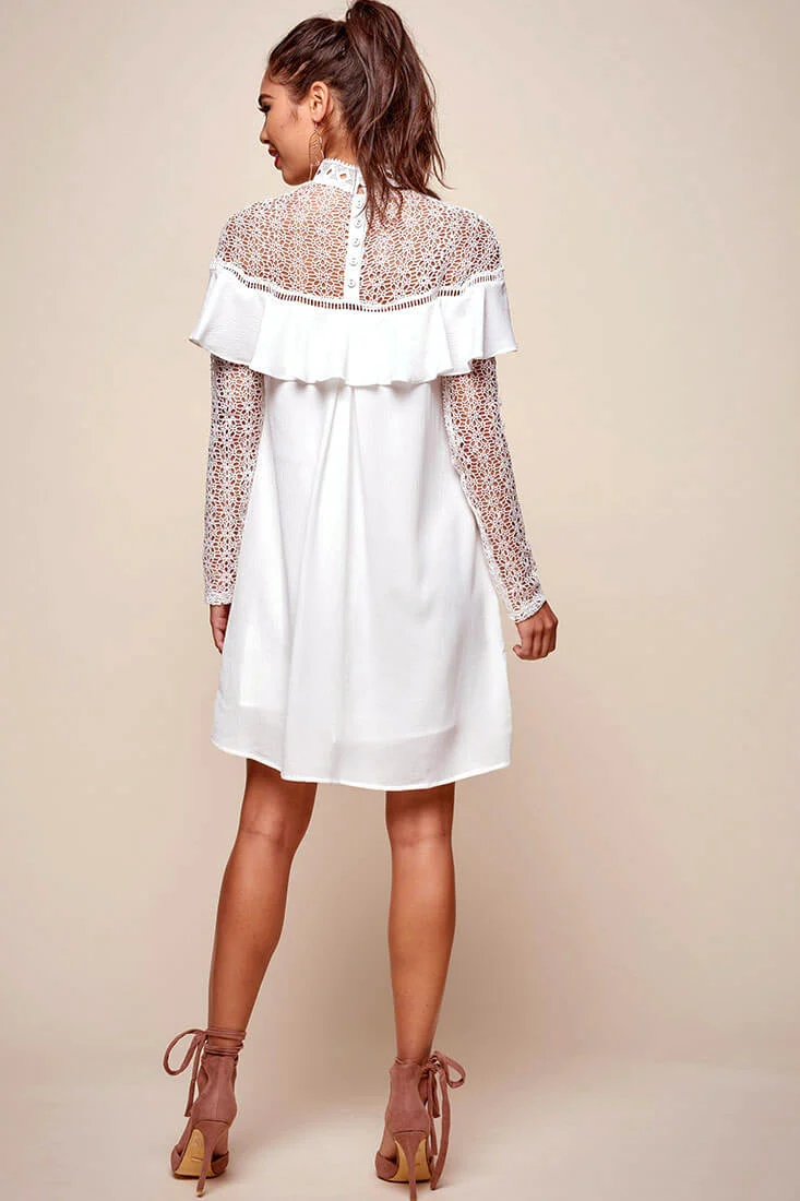 Mendes Lace Detailed High Neck Long Sleeved Dress White - Image 5