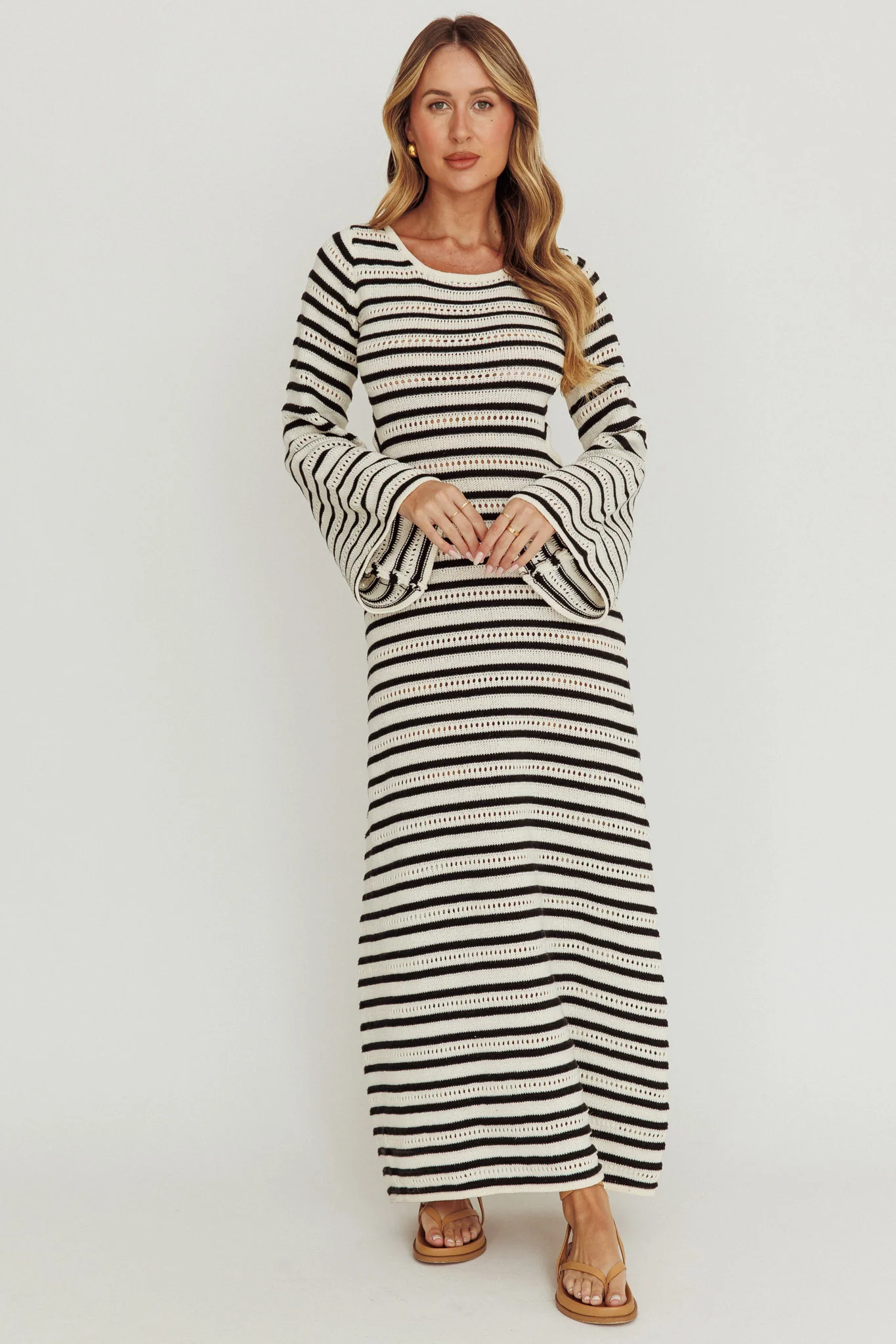 Meredith Long Sleeve Cut-Out Maxi Dress Cream Black - Image 3