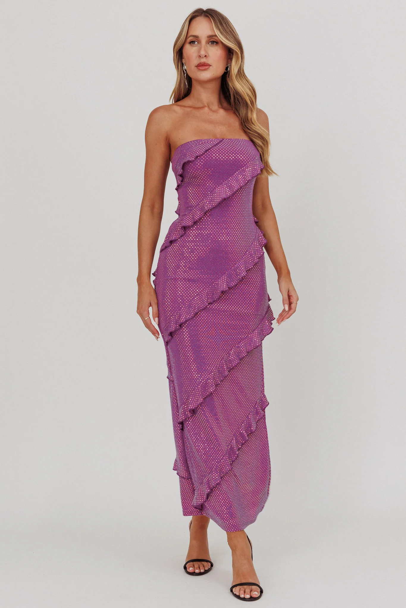 Metrics Strapless Frill Maxi Dress Purple - Image 4