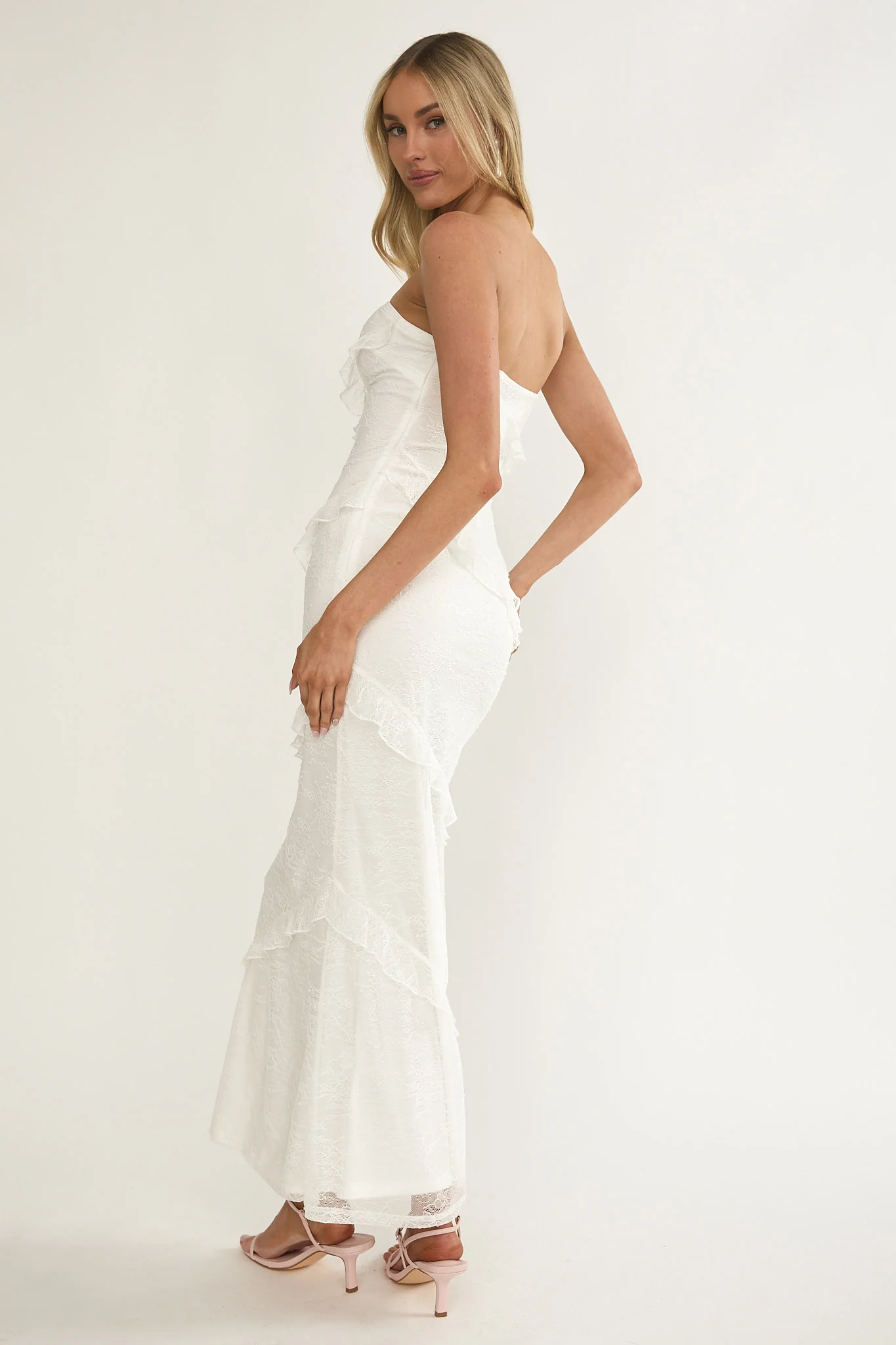 Metrics Strapless Frill Maxi Dress White - Image 2