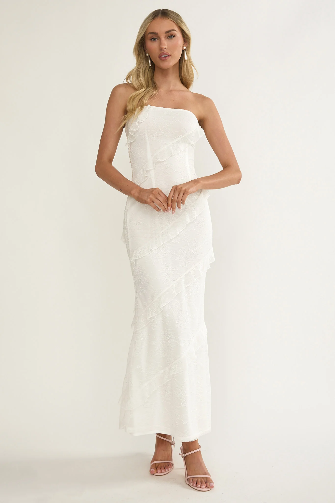 Metrics Strapless Frill Maxi Dress White - Image 4