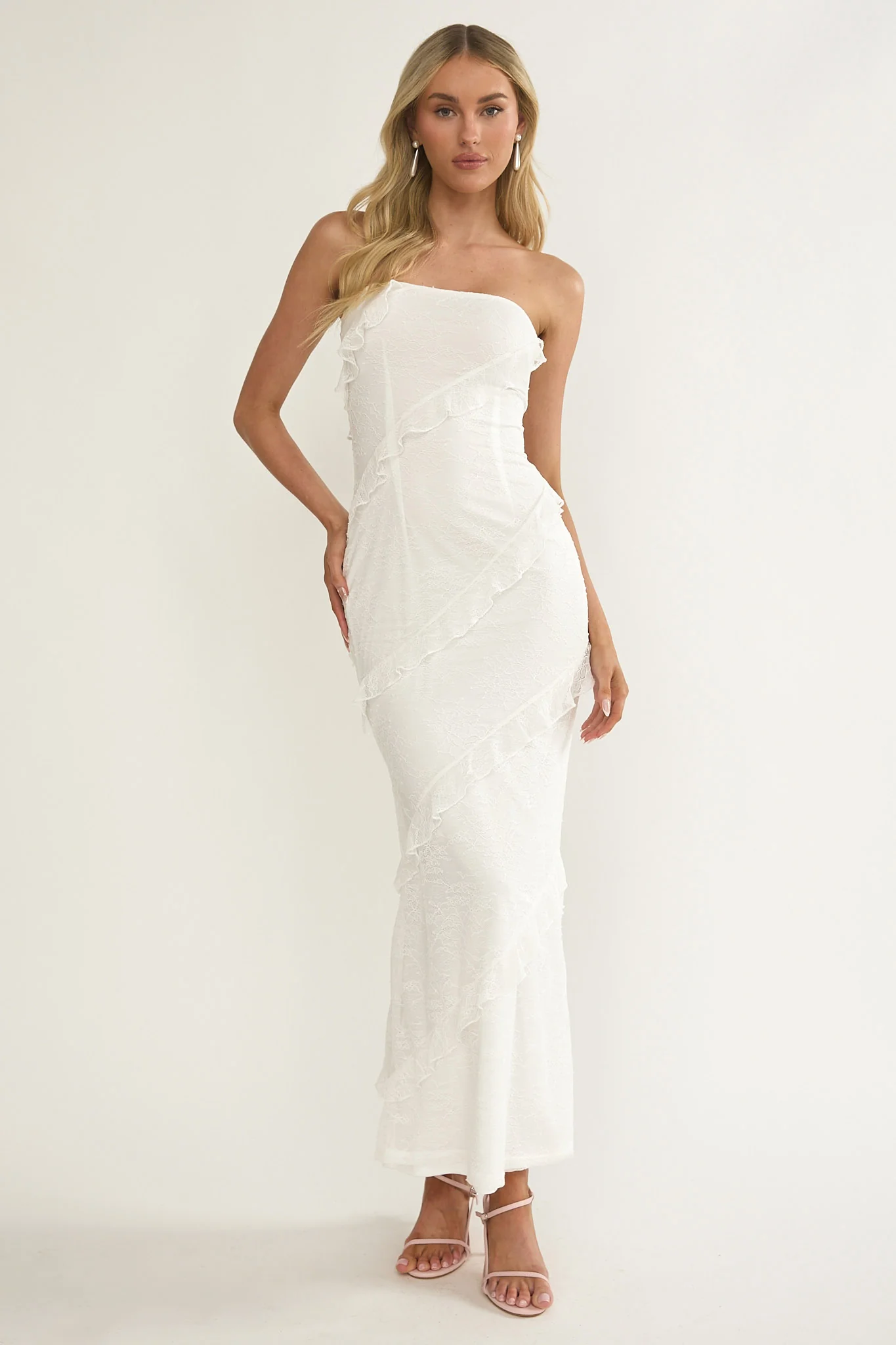 Metrics Strapless Frill Maxi Dress White - Image 5