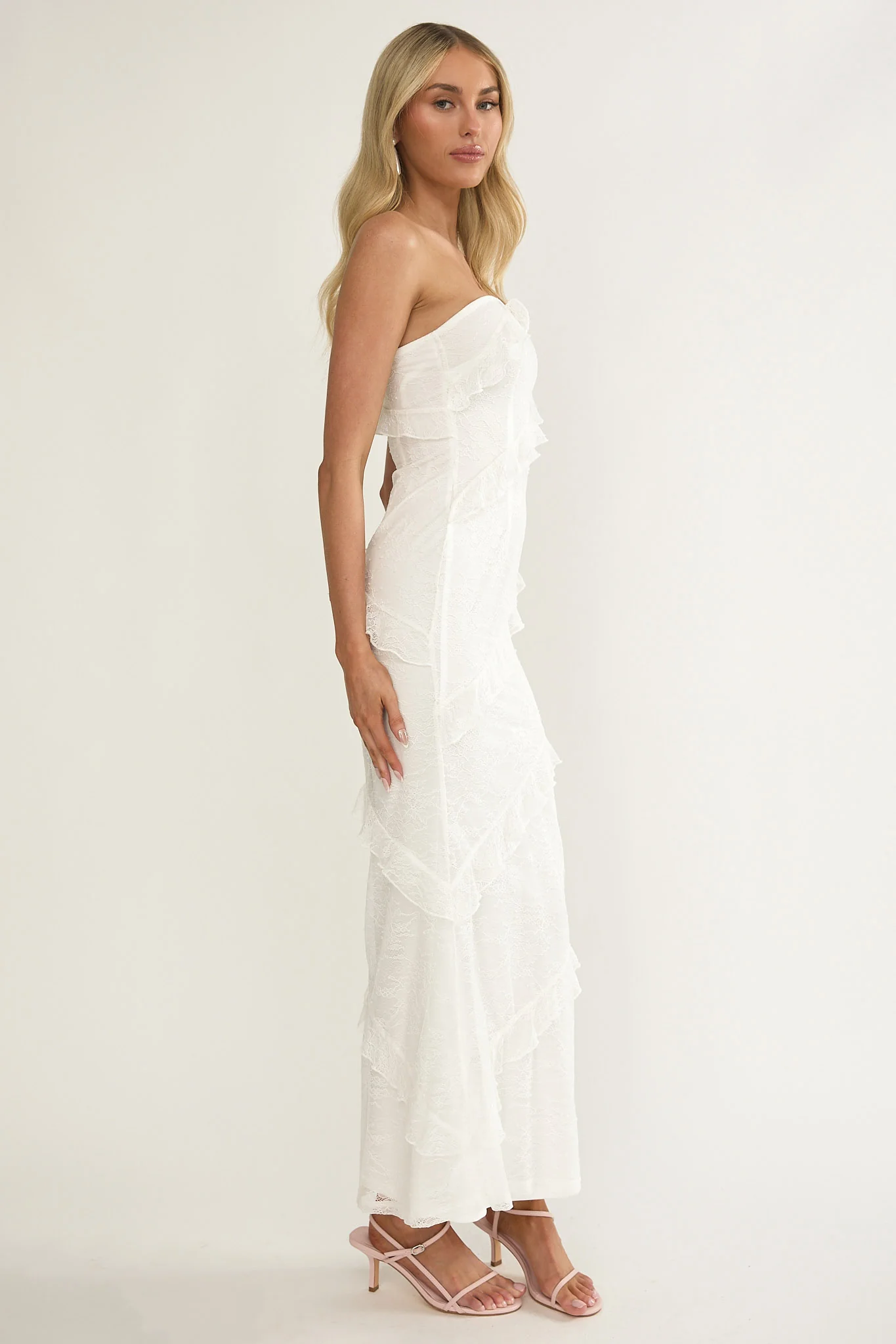 Metrics Strapless Frill Maxi Dress White - Image 6