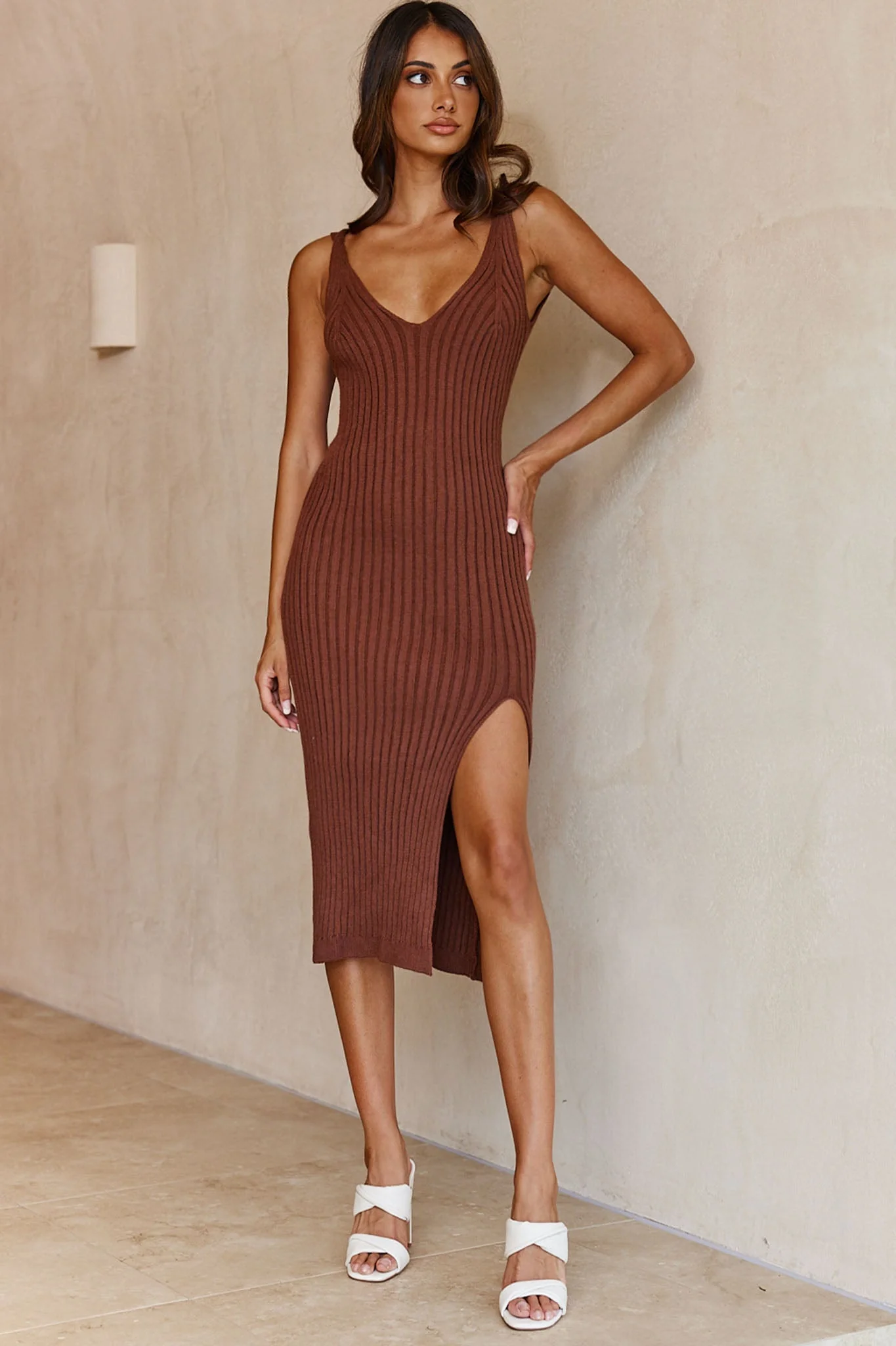 Mi Amore V-Neckline Front Split Ribbed Knit Midi Dress Chocolate - Image 6