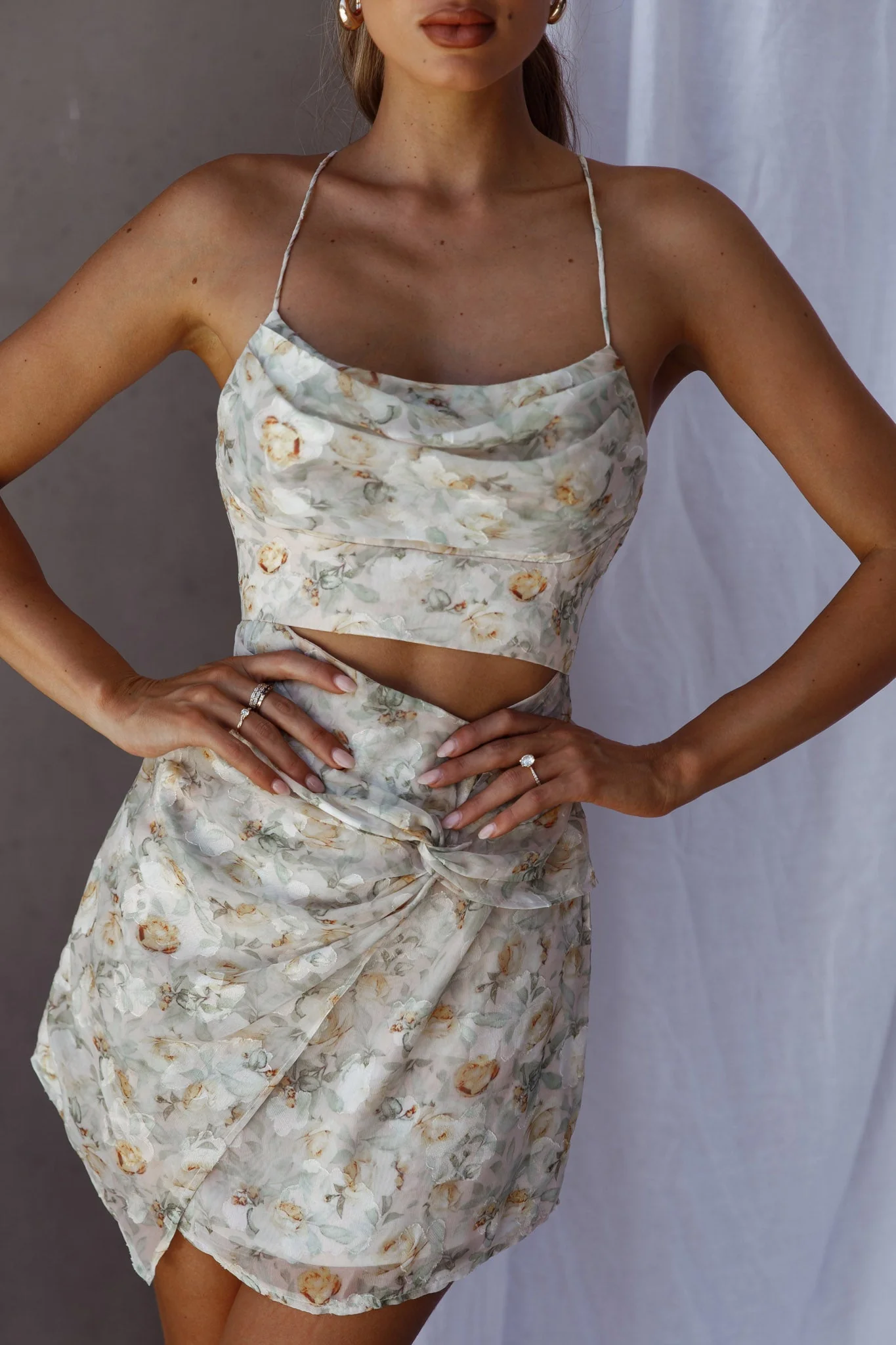 Miami Nights Cowl Neckline Twist Feature Mini Dress Floral Green - Image 4