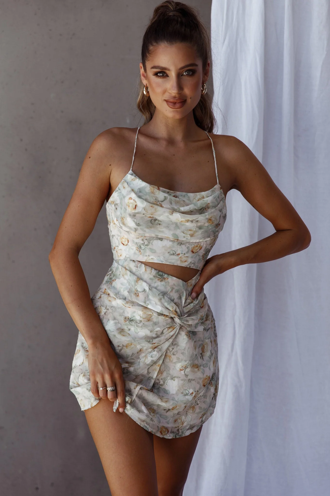 Miami Nights Cowl Neckline Twist Feature Mini Dress Floral Green - Image 5