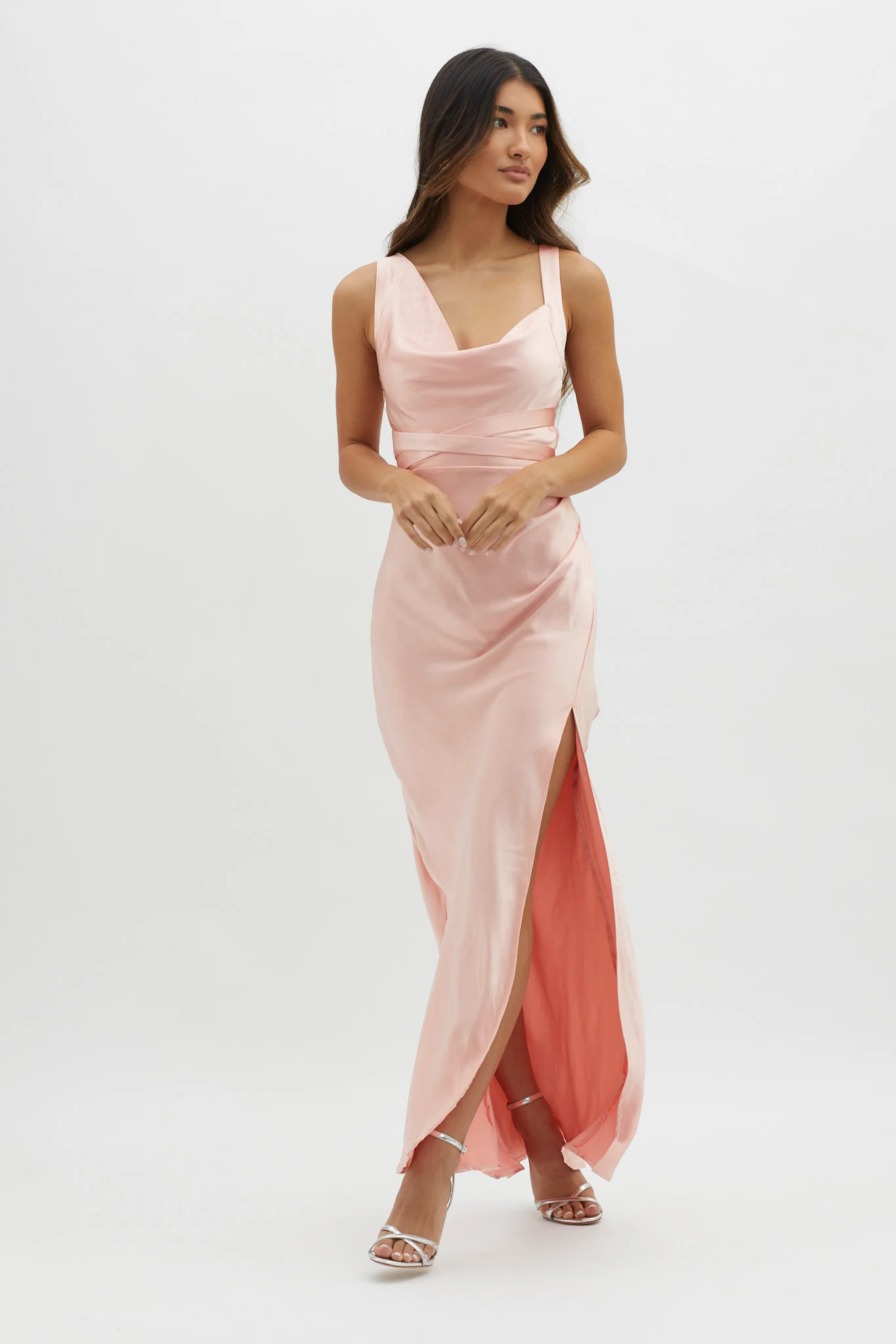 Midnight Sun Asymmetrical Strap Maxi Dress Apricot - Image 5