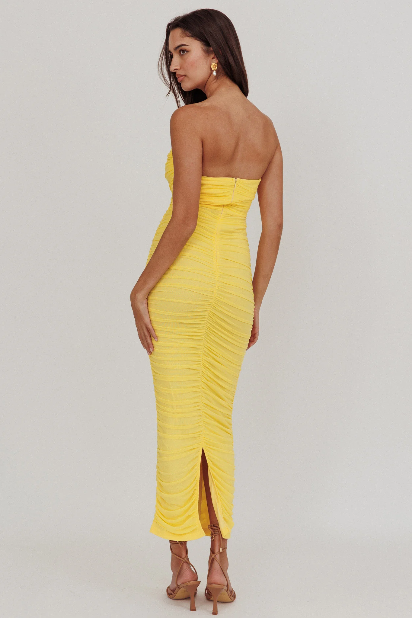Midwest Strapless Gathered Mesh Maxi Dress Lemon - Image 2