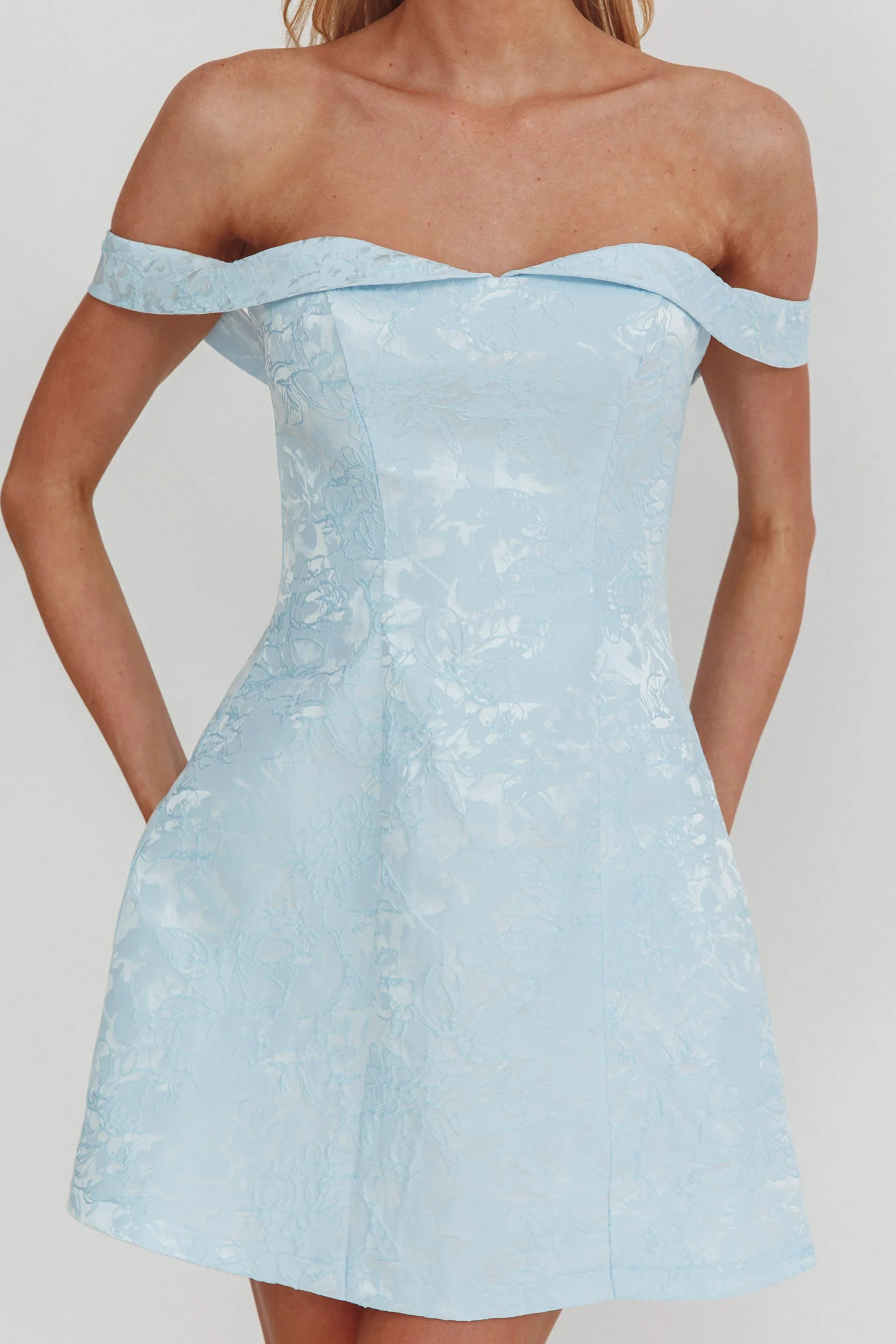 Mikado Off-Shoulder Foldover Mini Dress Jacquard Blue - Image 4