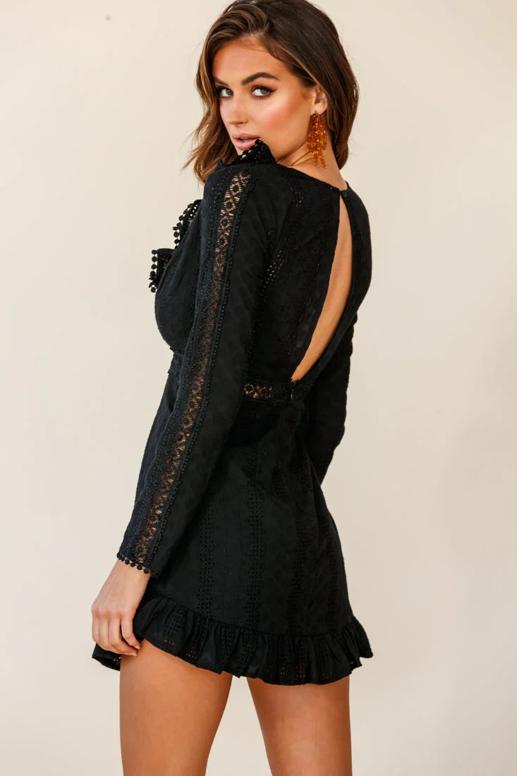 Mikal Long Sleeve Crochet Detail Frill Dress Black - Image 3