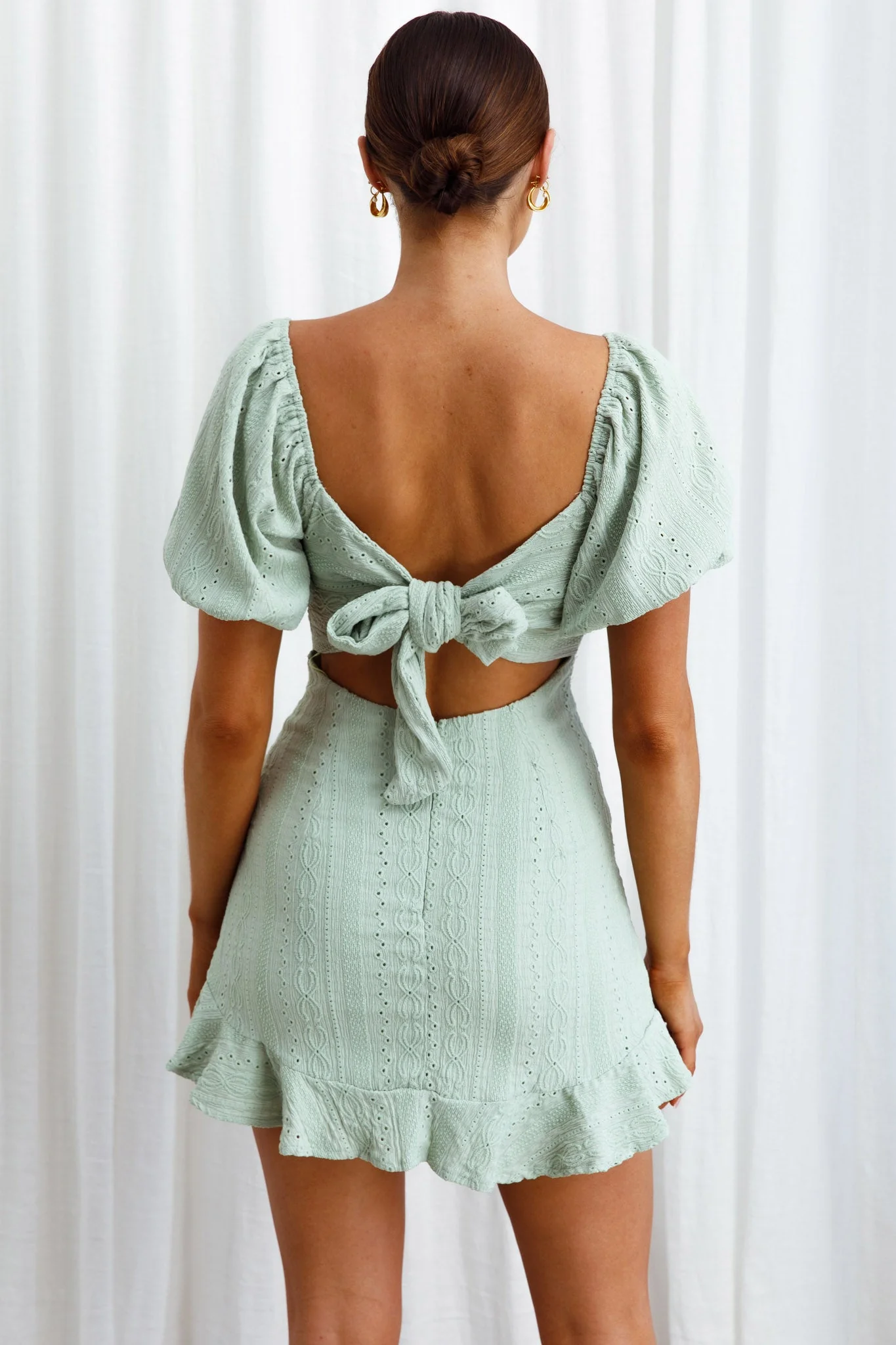 Mikayla Puff Sleeve Tied Back Eyelet Embroidery Dress Avocado - Image 6