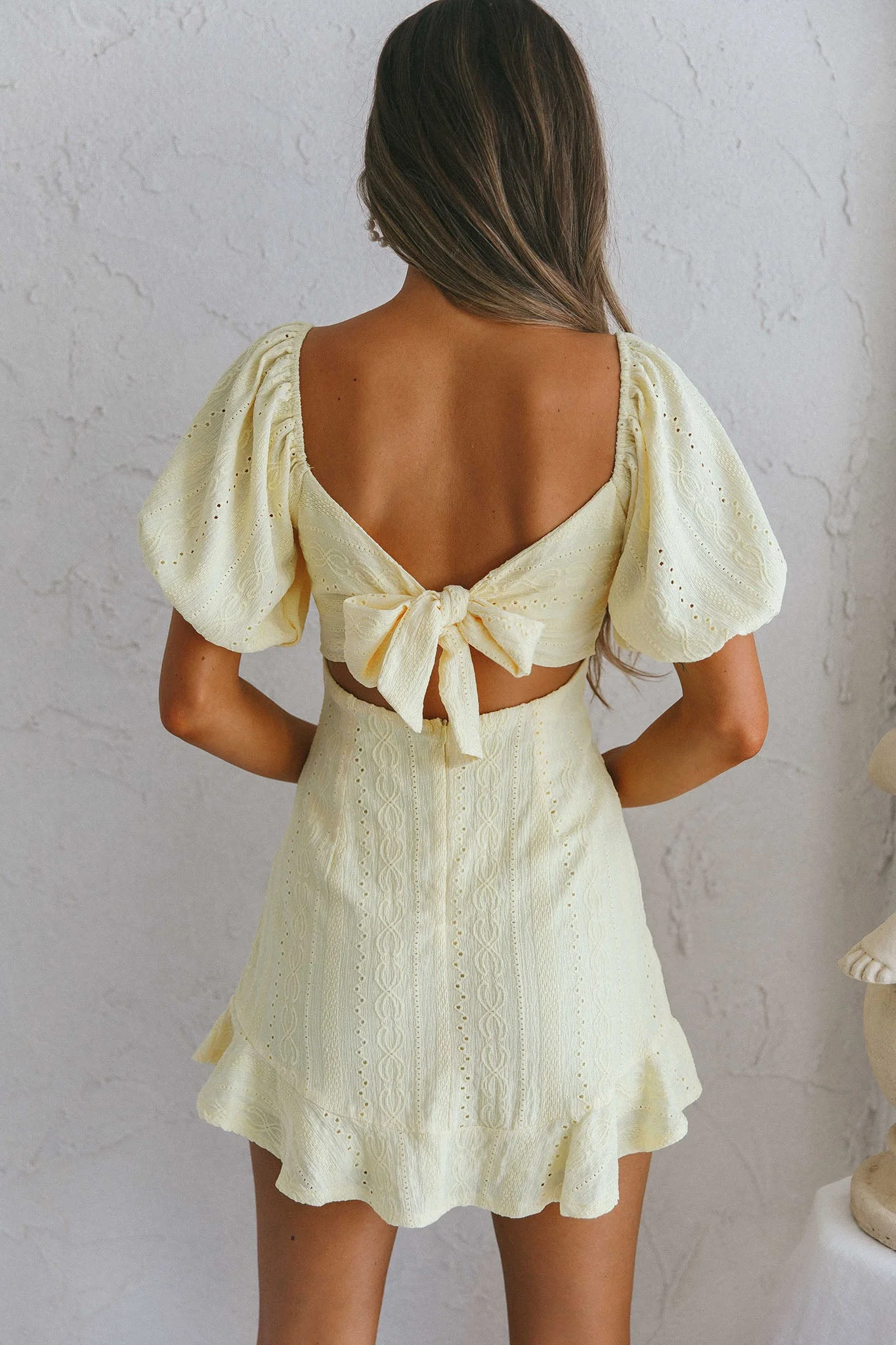 Mikayla Puff Sleeve Tied Back Eyelet Embroidery Dress Yellow - Image 6