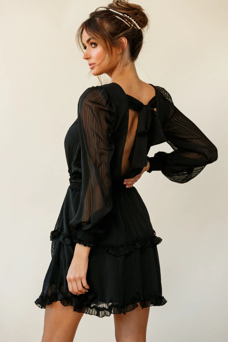 Mildred Long Sleeve Shirred Waist Frill Dress Black - Image 2