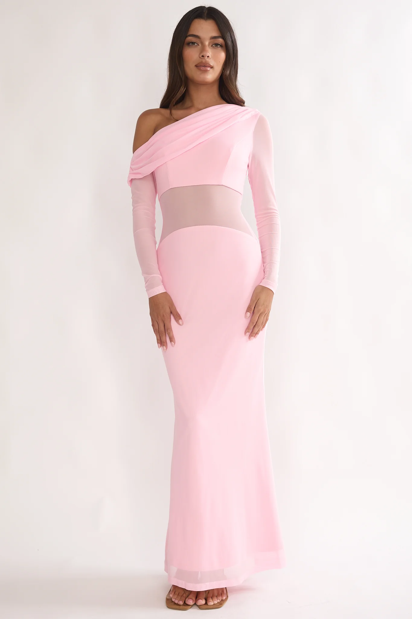 Milos Asymmetric Neckline Long Sleeve Maxi Dress Pink - Image 4