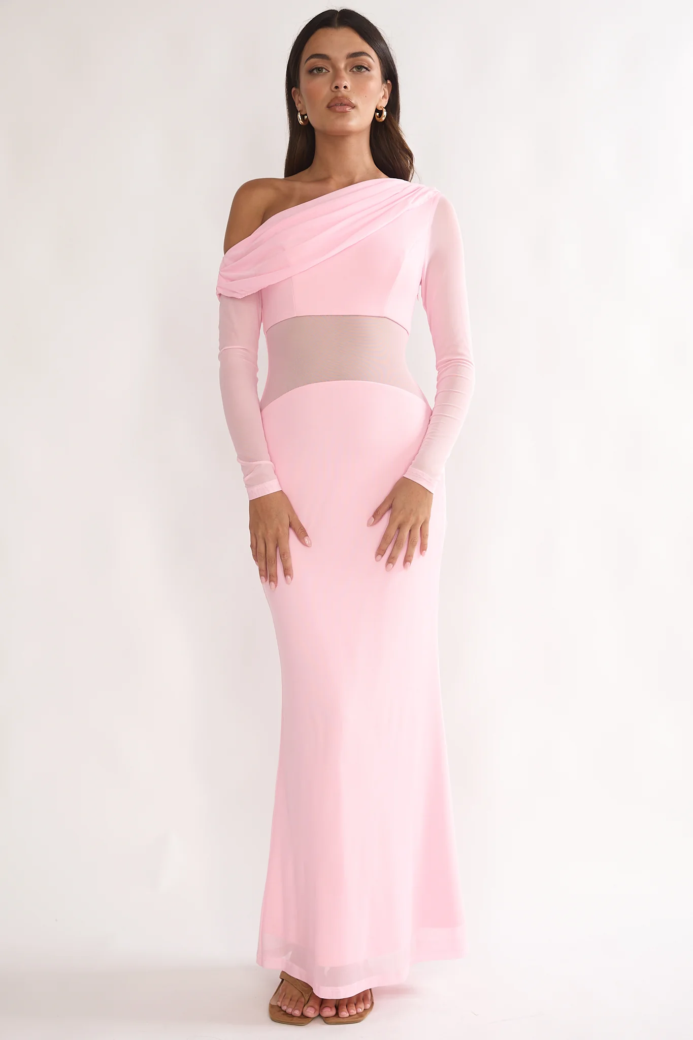 Milos Asymmetric Neckline Long Sleeve Maxi Dress Pink - Image 5