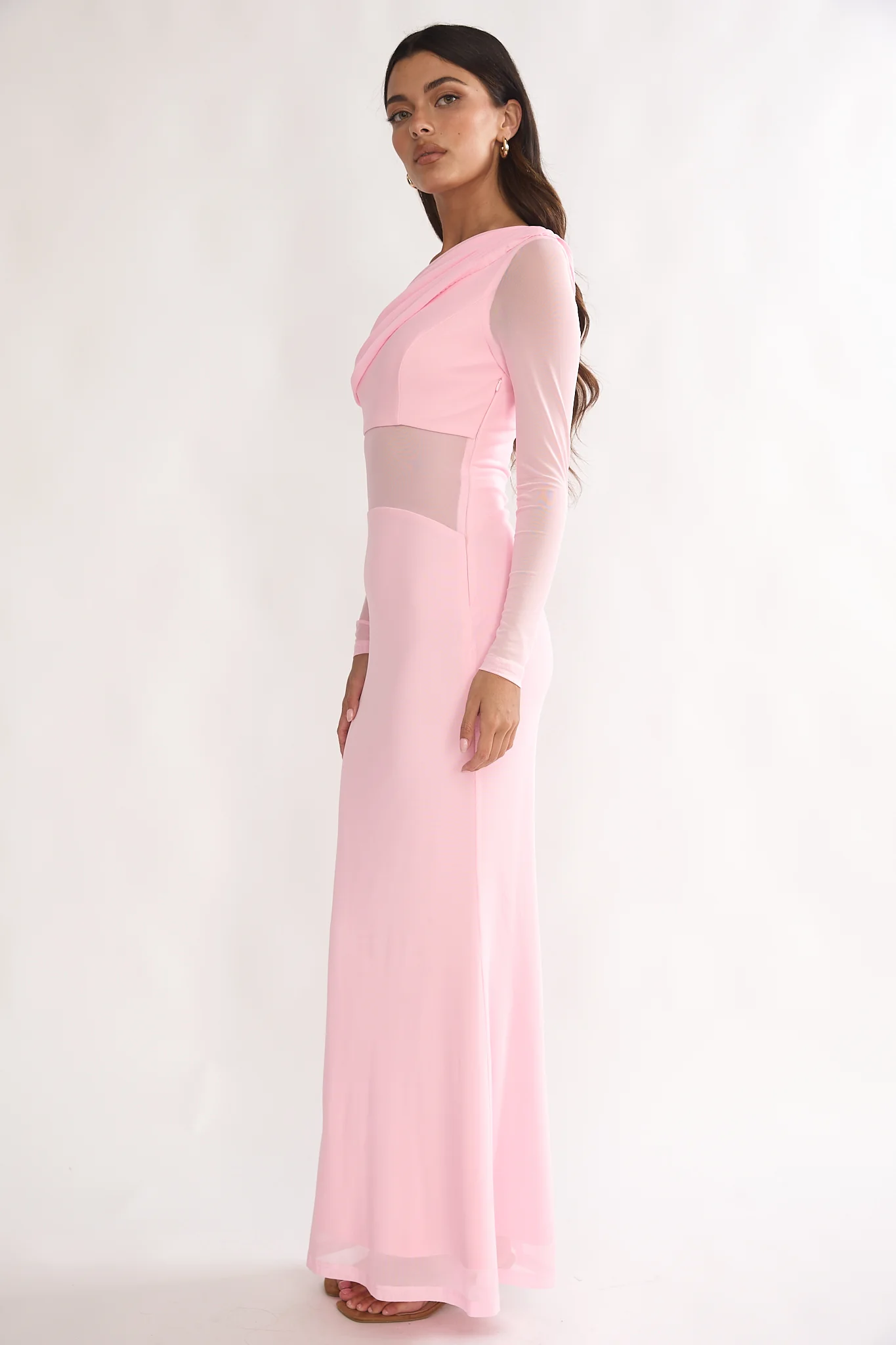 Milos Asymmetric Neckline Long Sleeve Maxi Dress Pink - Image 6