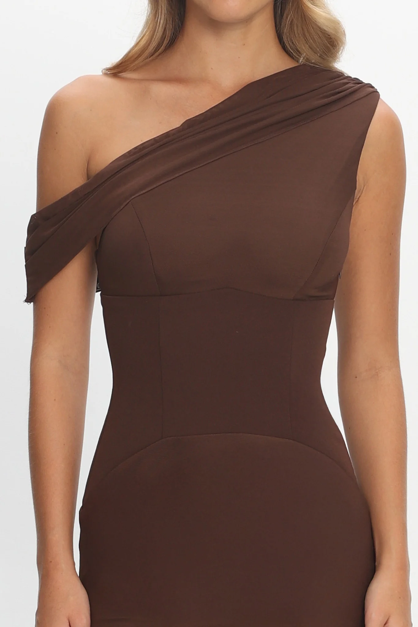 Milos Asymmetric Neckline Maxi Dress Chocolate - Image 4