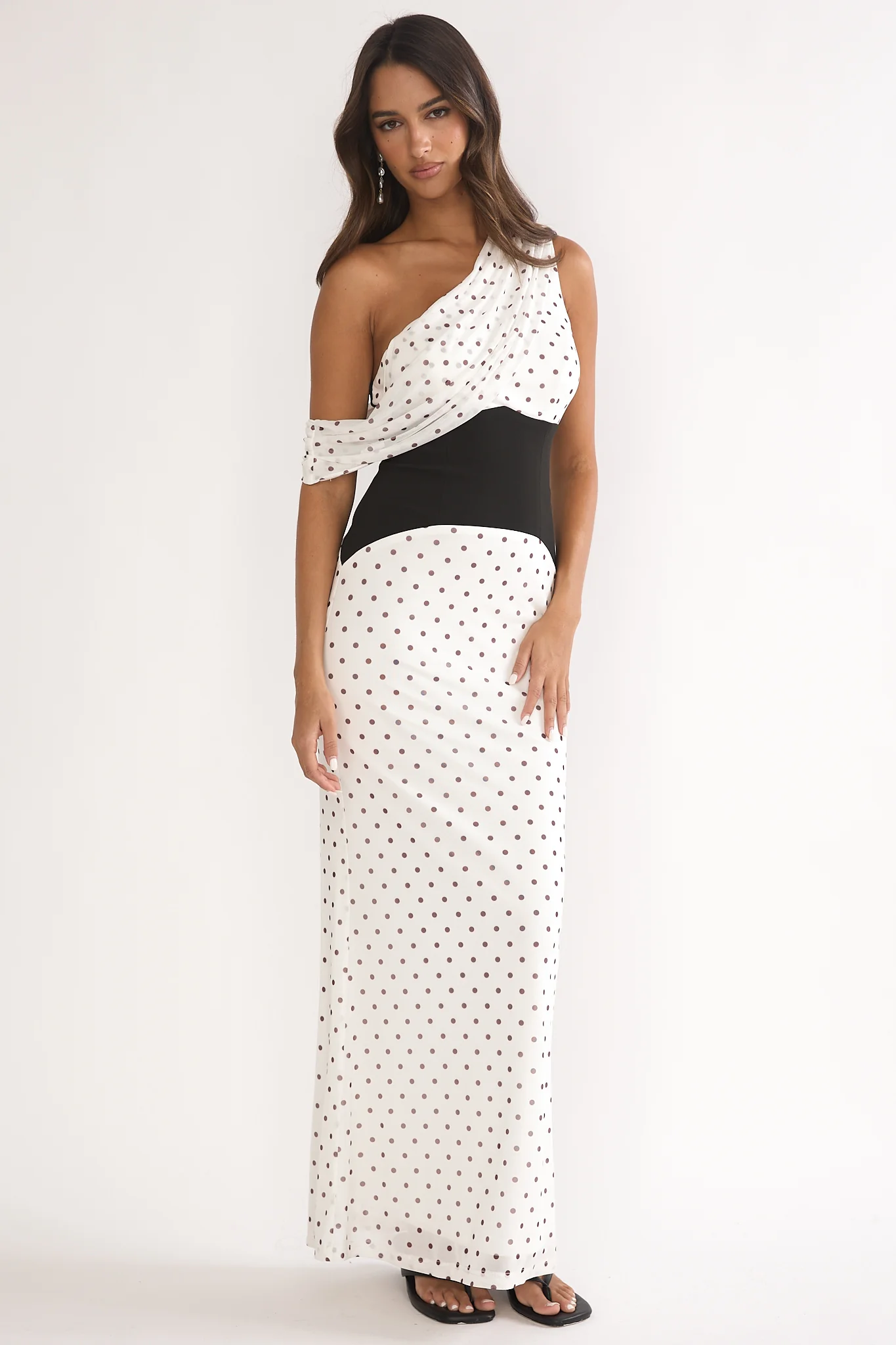 Milos Asymmetric Neckline Maxi Dress Polka Dot Brown - Image 6