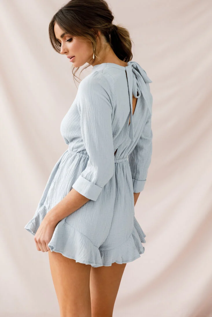 Mimi Three-Quarter Sleeve Drawstring Romper Grey - Image 3