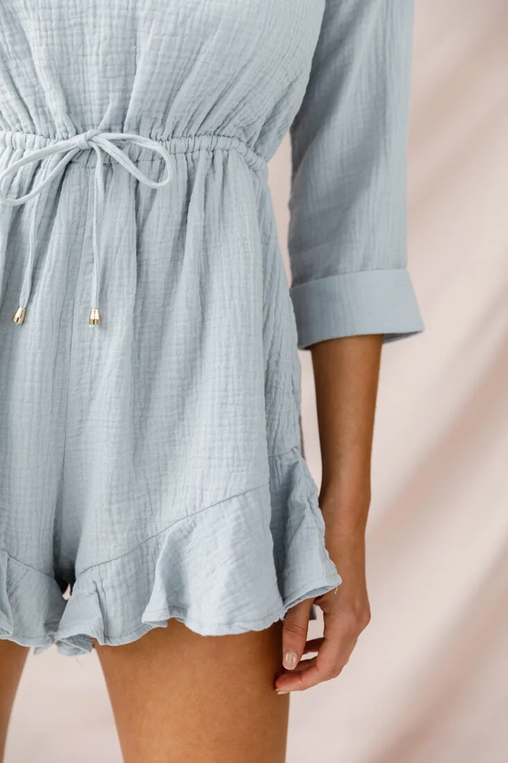 Mimi Three-Quarter Sleeve Drawstring Romper Grey - Image 4