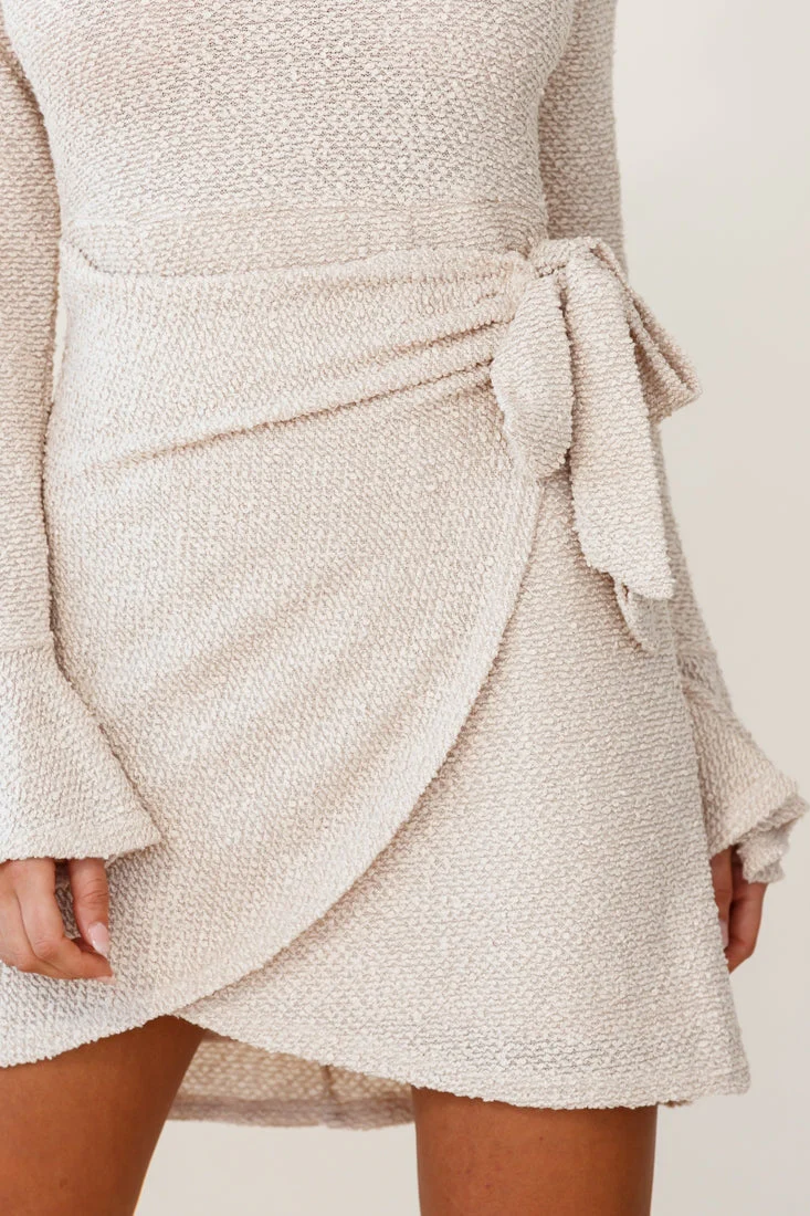 Minerva Flared Cuff Knit Wrap Dress Beige - Image 7