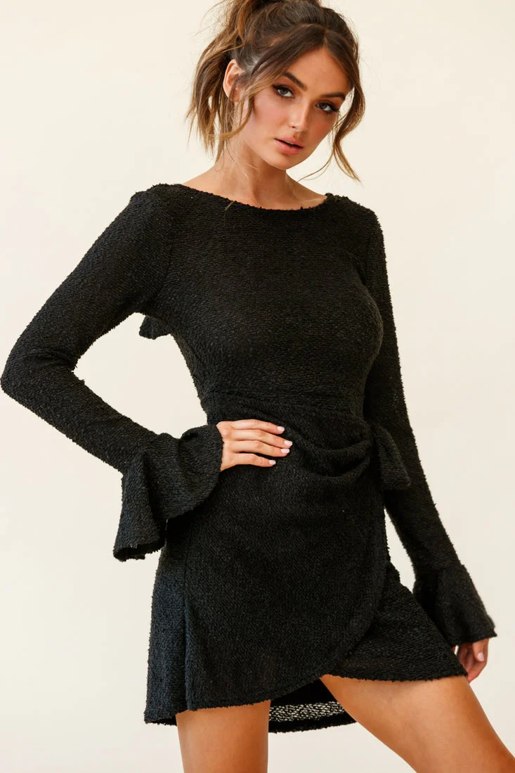 Minerva Flared Cuff Knit Wrap Dress Black - Image 3