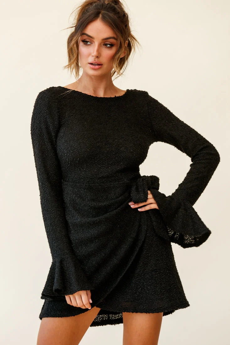 Minerva Flared Cuff Knit Wrap Dress Black - Image 5
