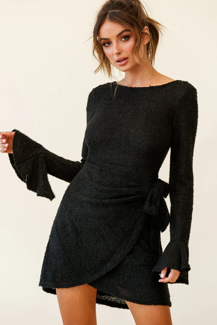 Minerva Flared Cuff Knit Wrap Dress Black - Image 6