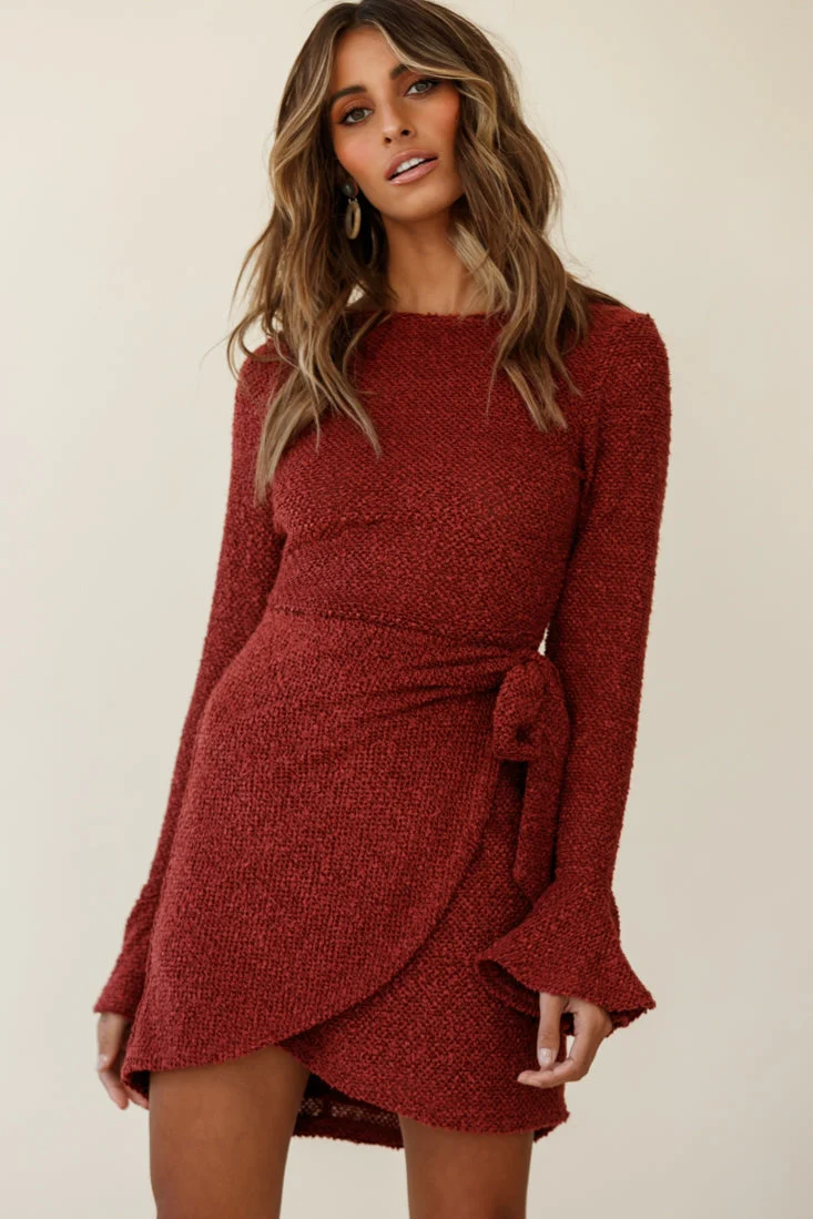 Minerva Flared Cuff Knit Wrap Dress Maroon - Image 4