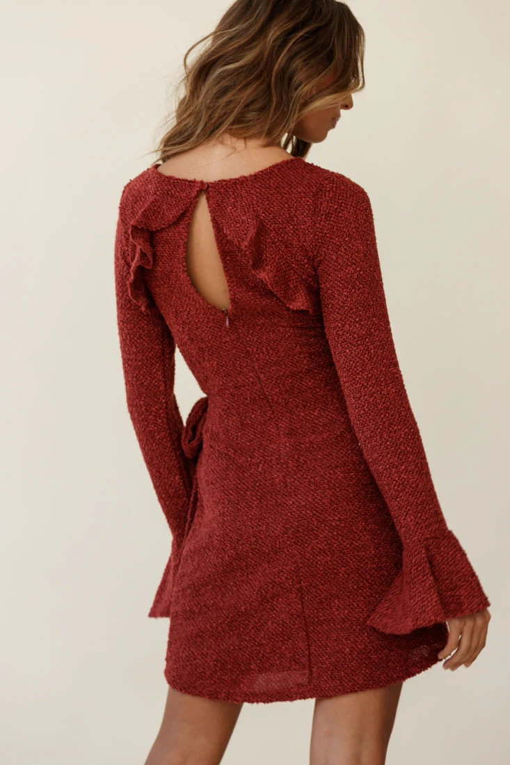 Minerva Flared Cuff Knit Wrap Dress Maroon - Image 5
