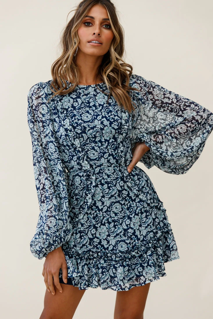 Mirabelle Long Balloon Sleeve Ruffle Hem Dress Floral Print Navy - Image 4
