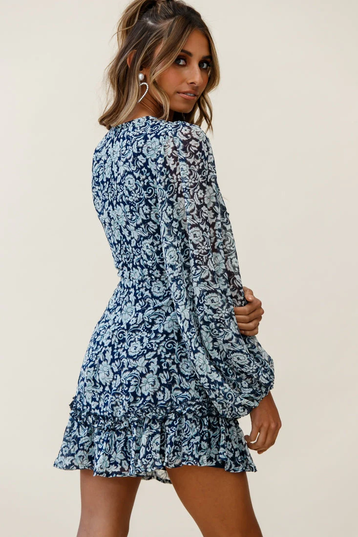 Mirabelle Long Balloon Sleeve Ruffle Hem Dress Floral Print Navy - Image 6