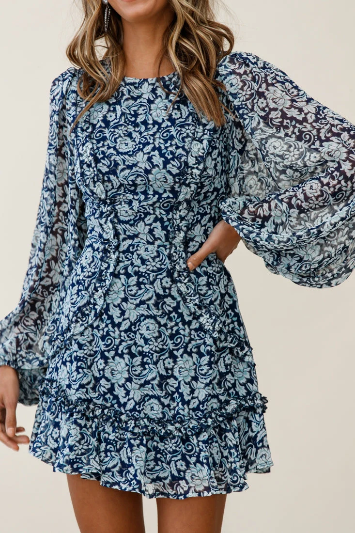 Mirabelle Long Balloon Sleeve Ruffle Hem Dress Floral Print Navy - Image 7
