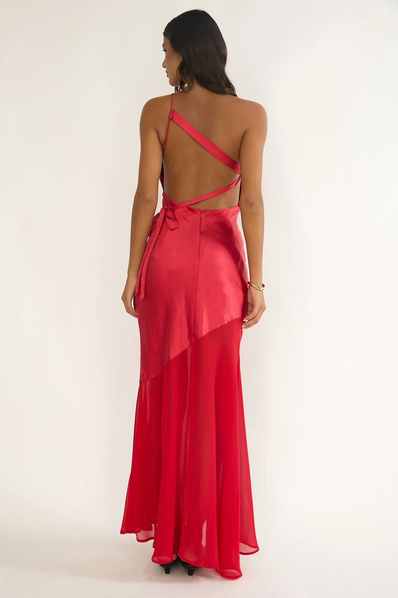 Mireya One-Shoulder Sheer Hem Maxi Dress Red - Image 2