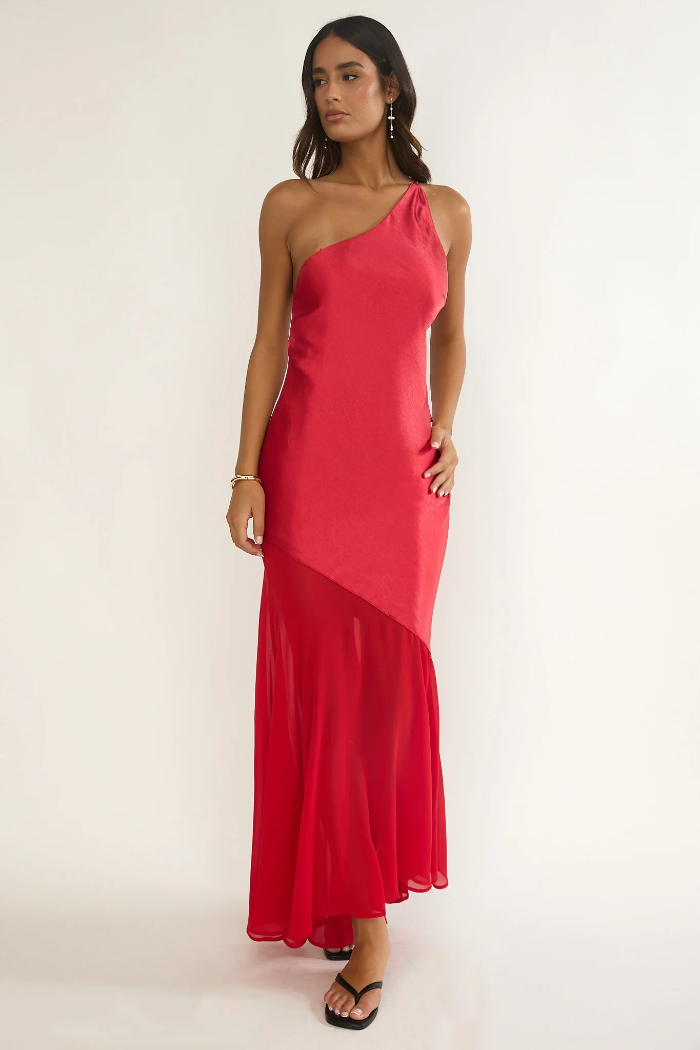 Mireya One-Shoulder Sheer Hem Maxi Dress Red - Image 4