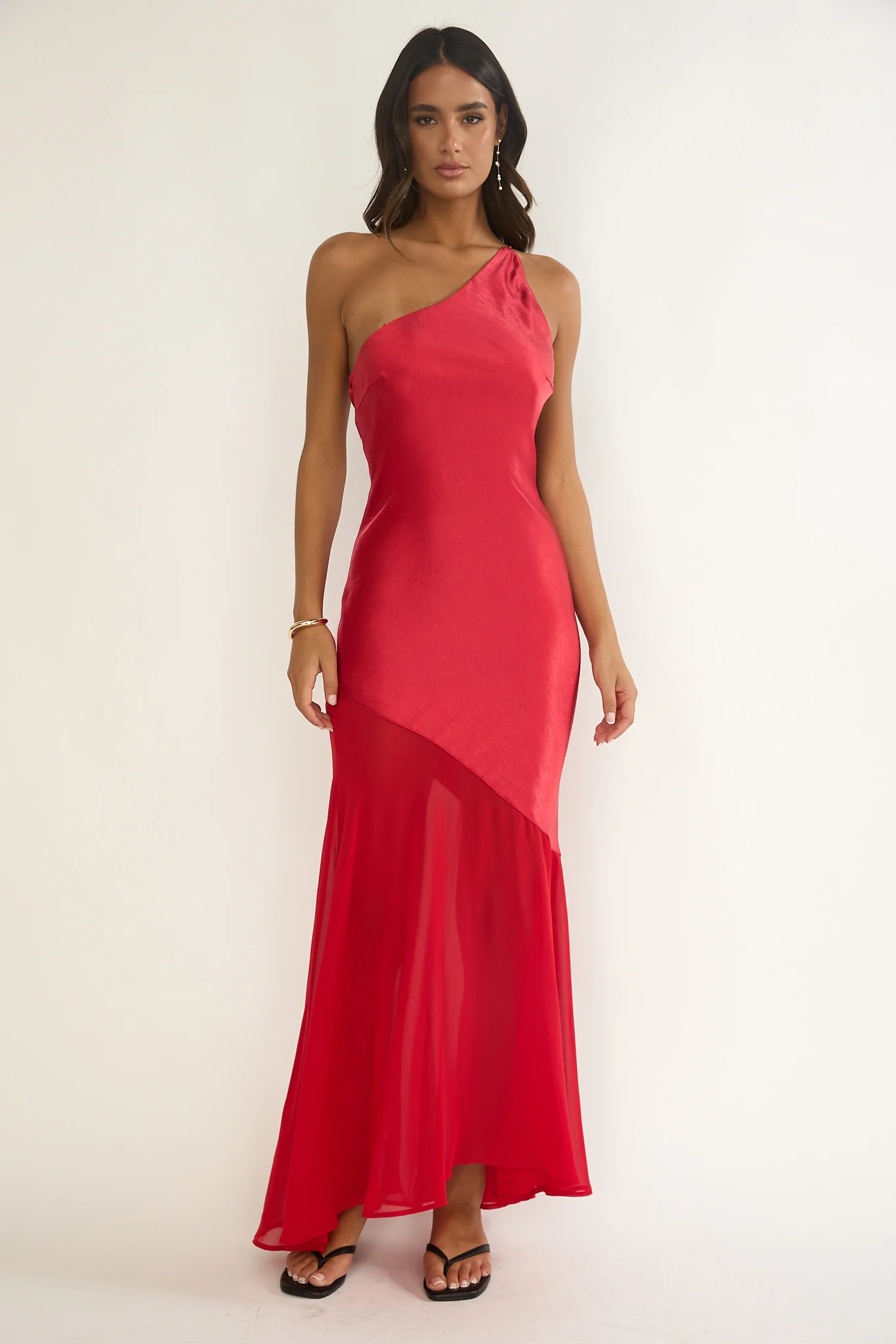 Mireya One-Shoulder Sheer Hem Maxi Dress Red - Image 5