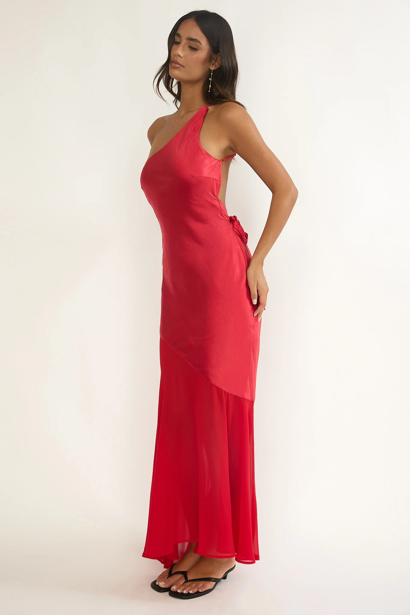 Mireya One-Shoulder Sheer Hem Maxi Dress Red - Image 6