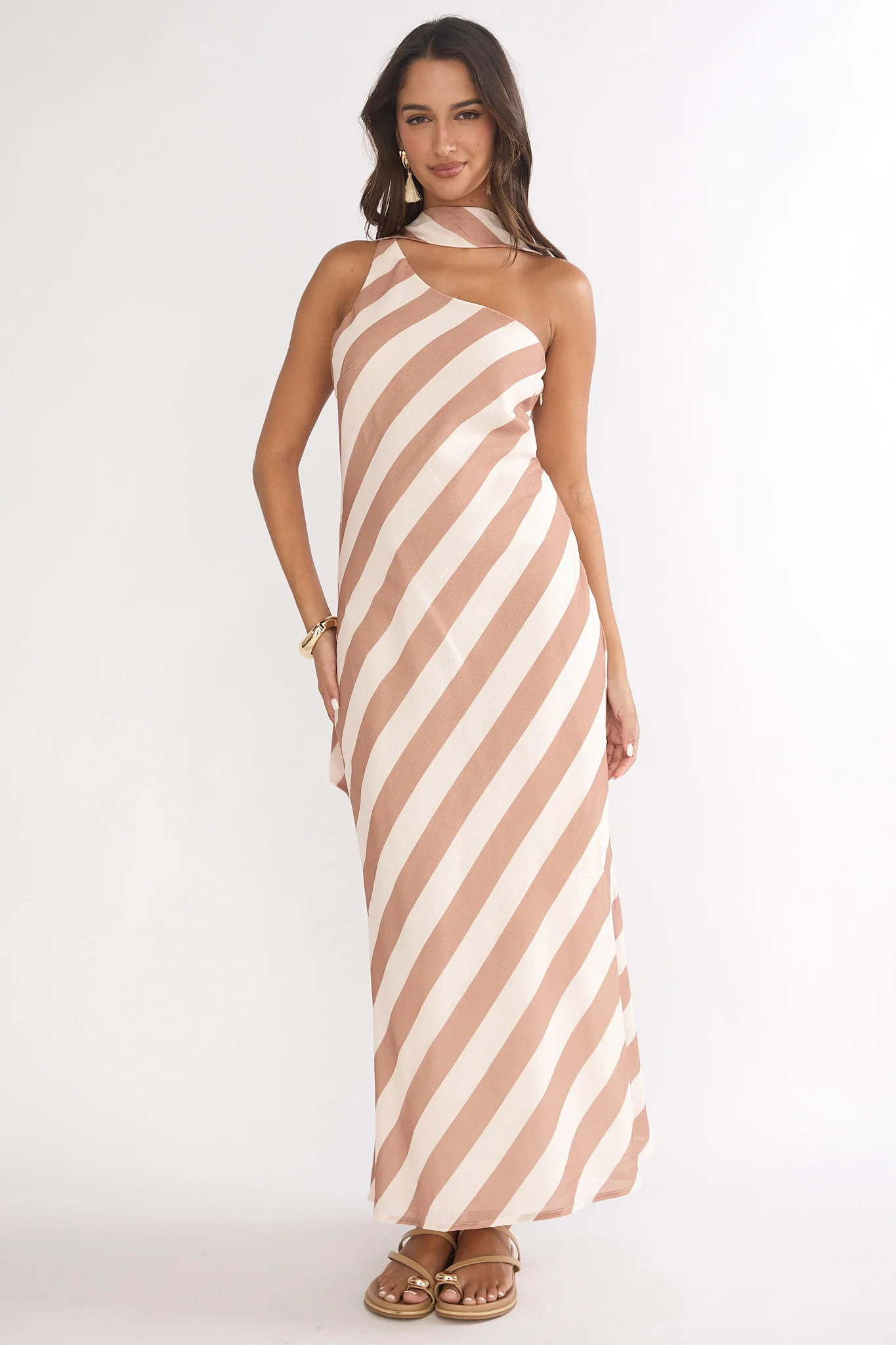 Mirona One Shoulder Scarf Maxi Dress Stripe Camel - Image 5