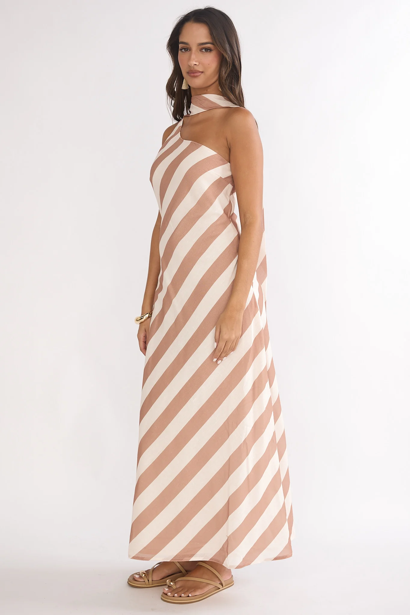 Mirona One Shoulder Scarf Maxi Dress Stripe Camel - Image 6