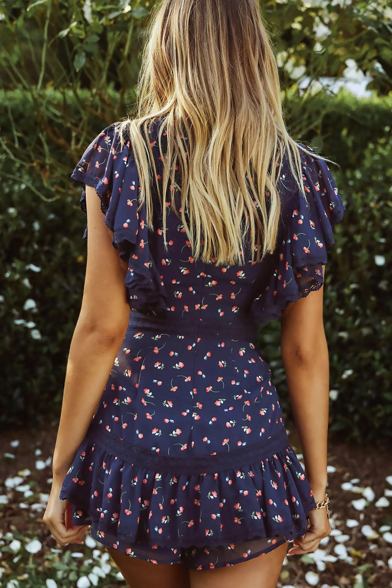 Miss Thing Crochet Trim Ruffle Detail Romper Floral Print Navy - Image 8