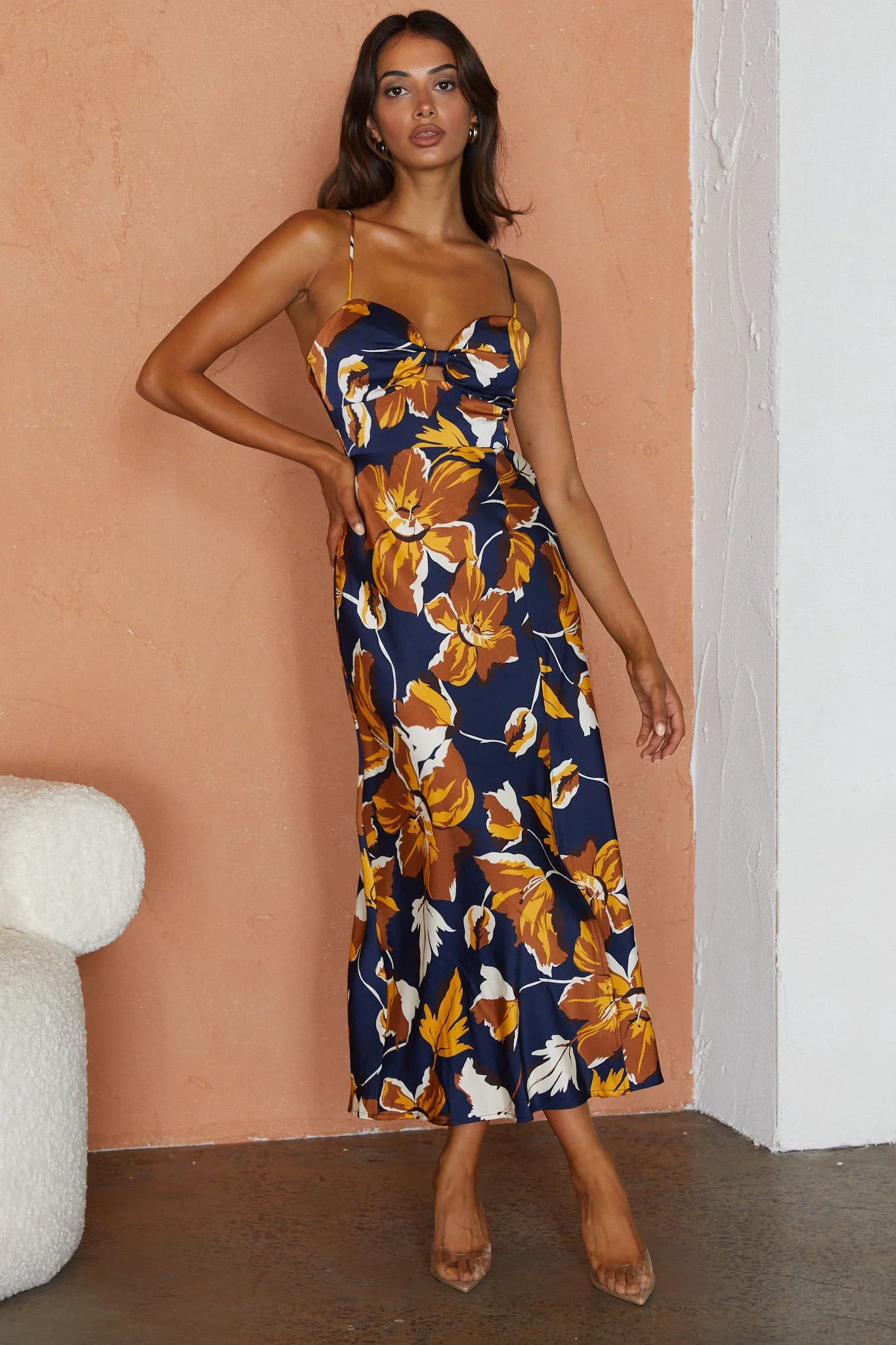Missoula Cami Strap Padded Bust Midi Dress Floral Print Navy - Image 8