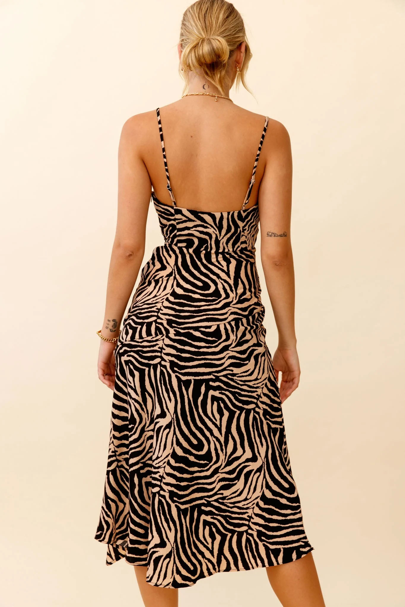 Misty Eyed Cowl Neck Thigh Split Midi Dress Animal Print Mocha - Image 2